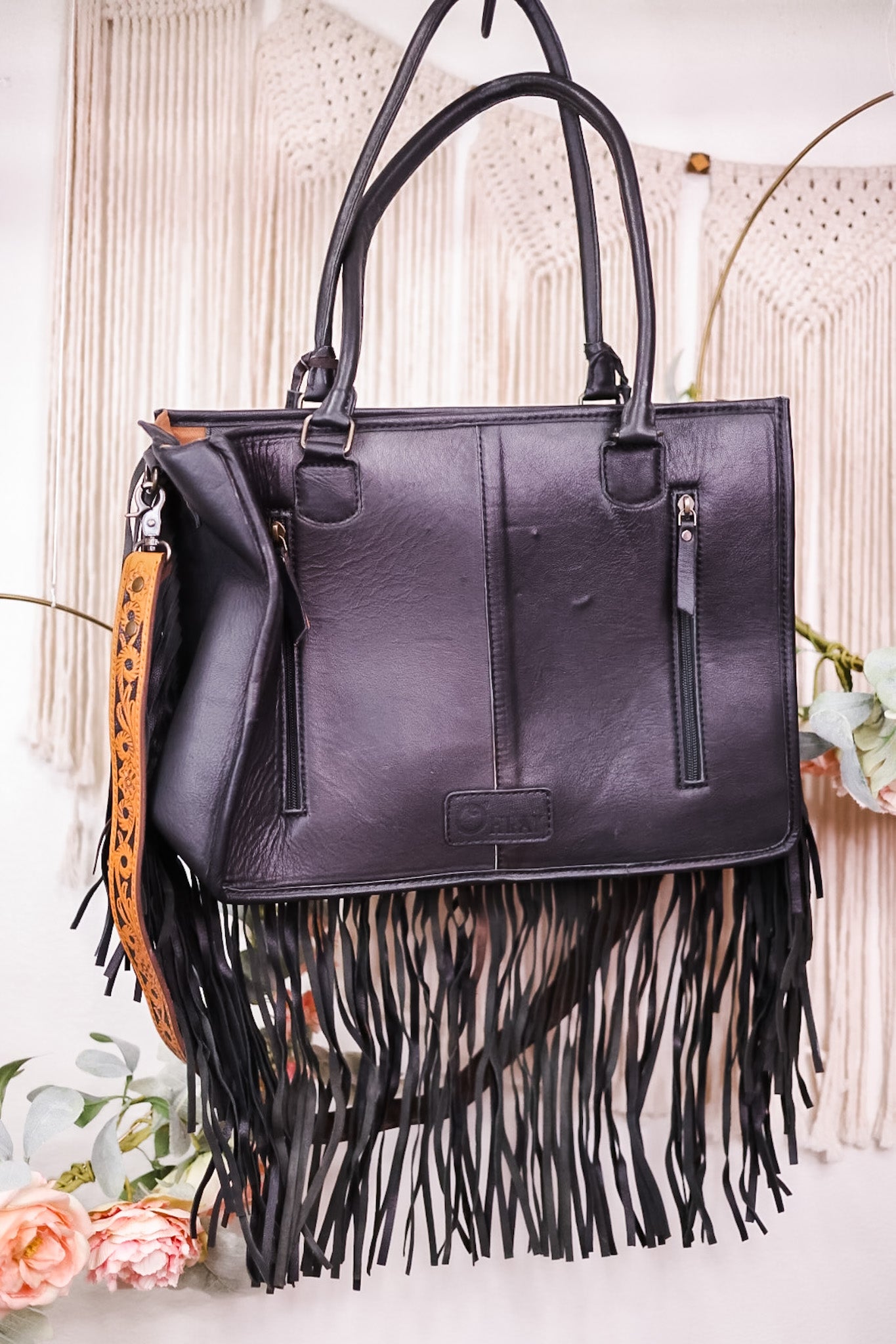 Cowhide and Turquoise Tote Bag with Hand Tooled Leather