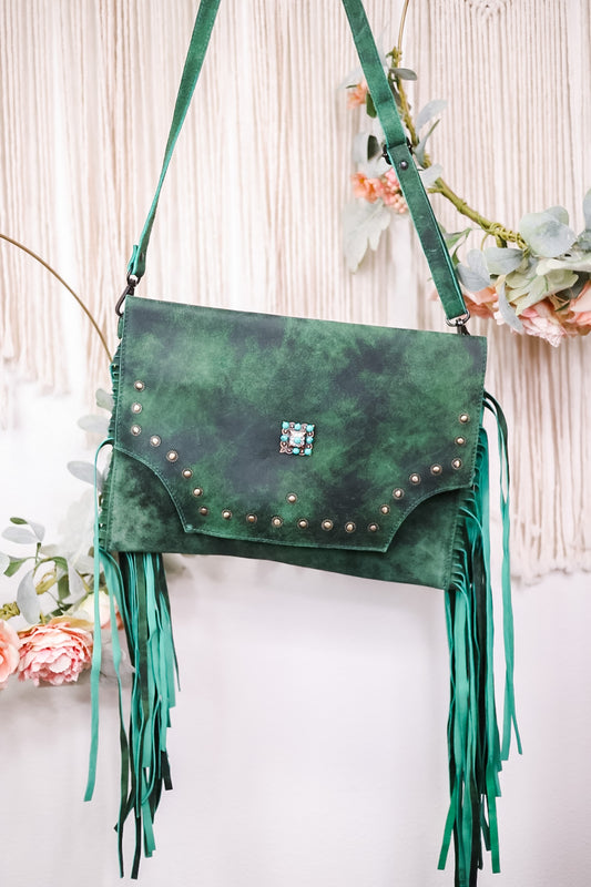 Emerald Green Crossbody Bag with Metal and Stone Accents