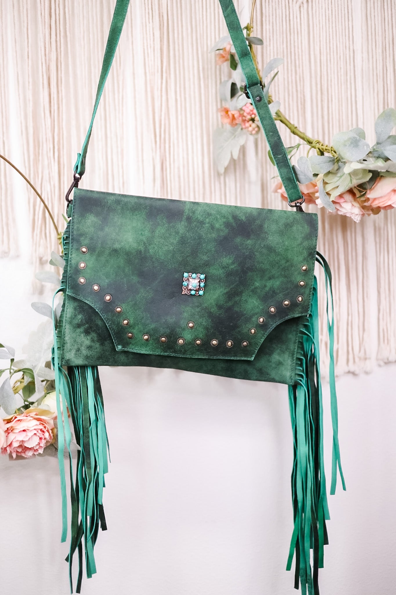 Emerald Green Crossbody Bag with Metal and Stone Accents