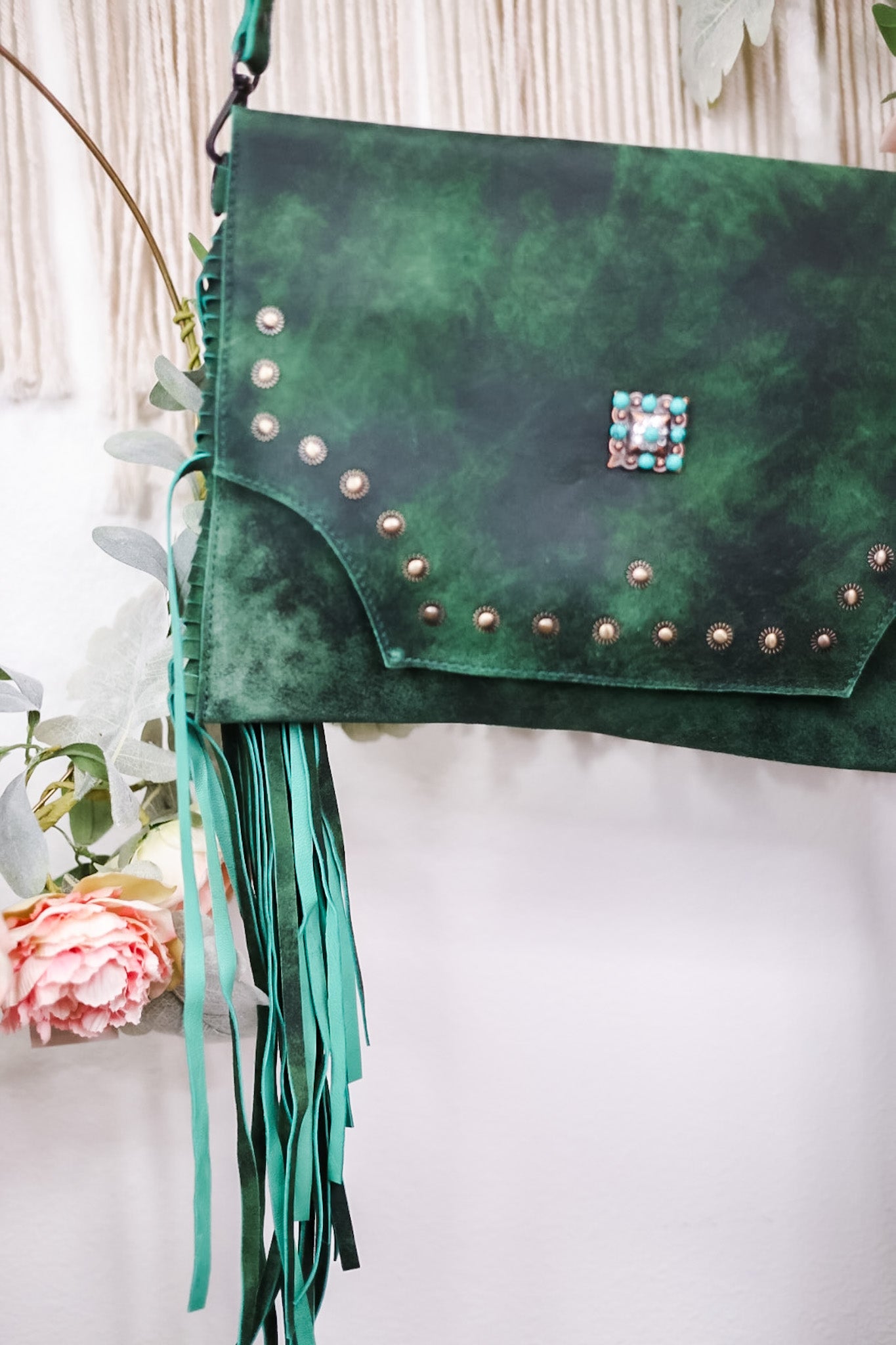 Emerald Green Crossbody Bag with Metal and Stone Accents