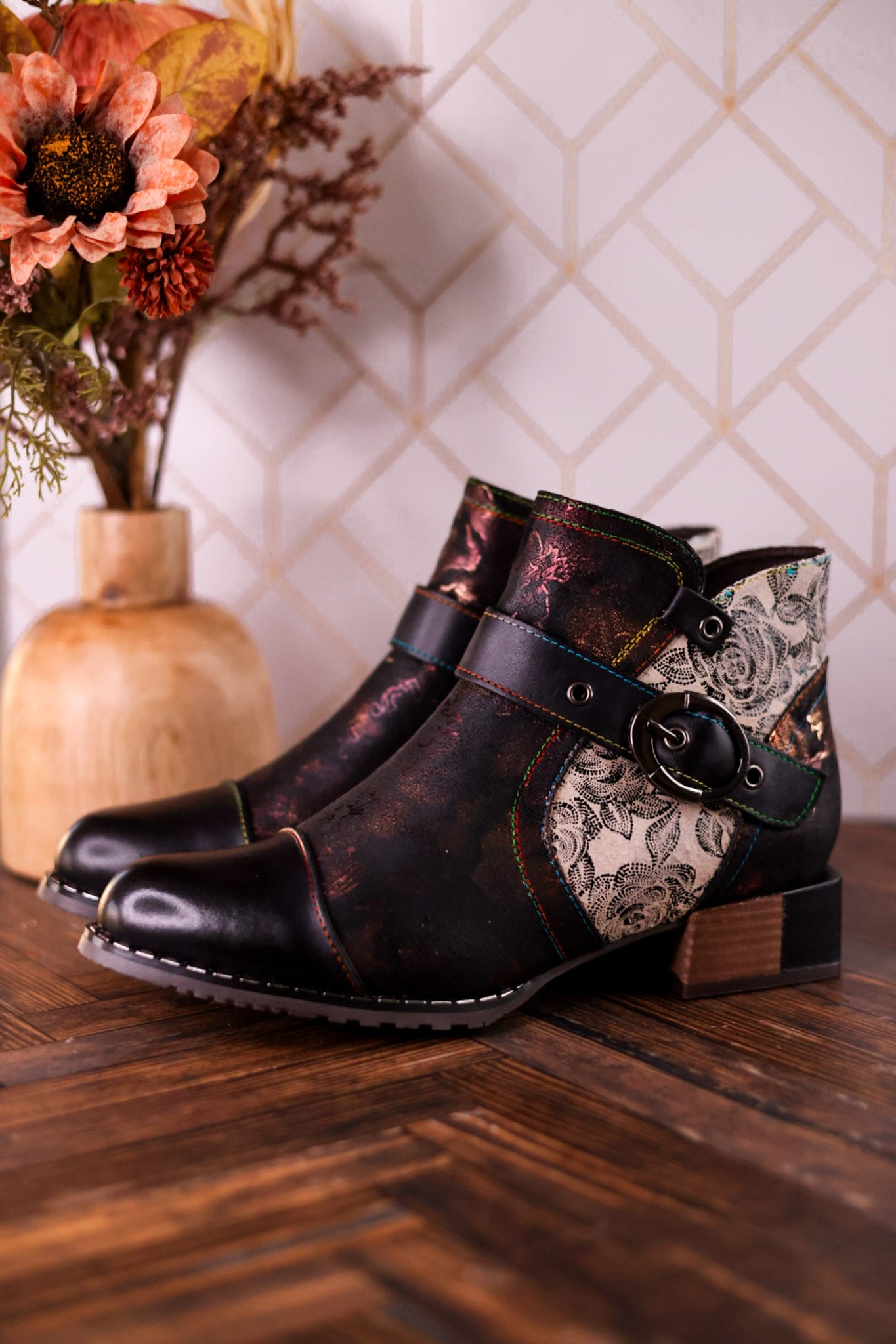 Black Painted & Embossed Leather Ankle Boots