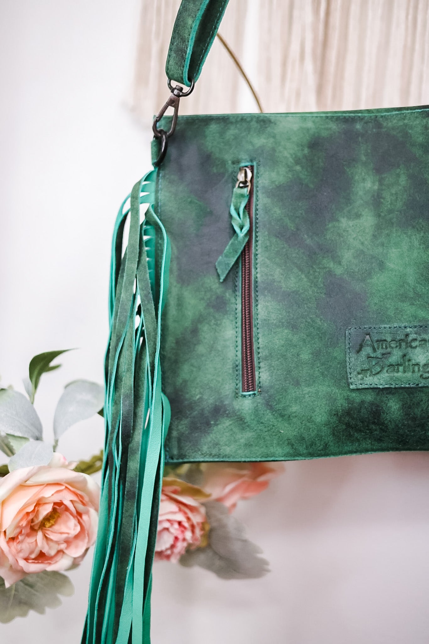 Emerald Green Crossbody Bag with Metal and Stone Accents