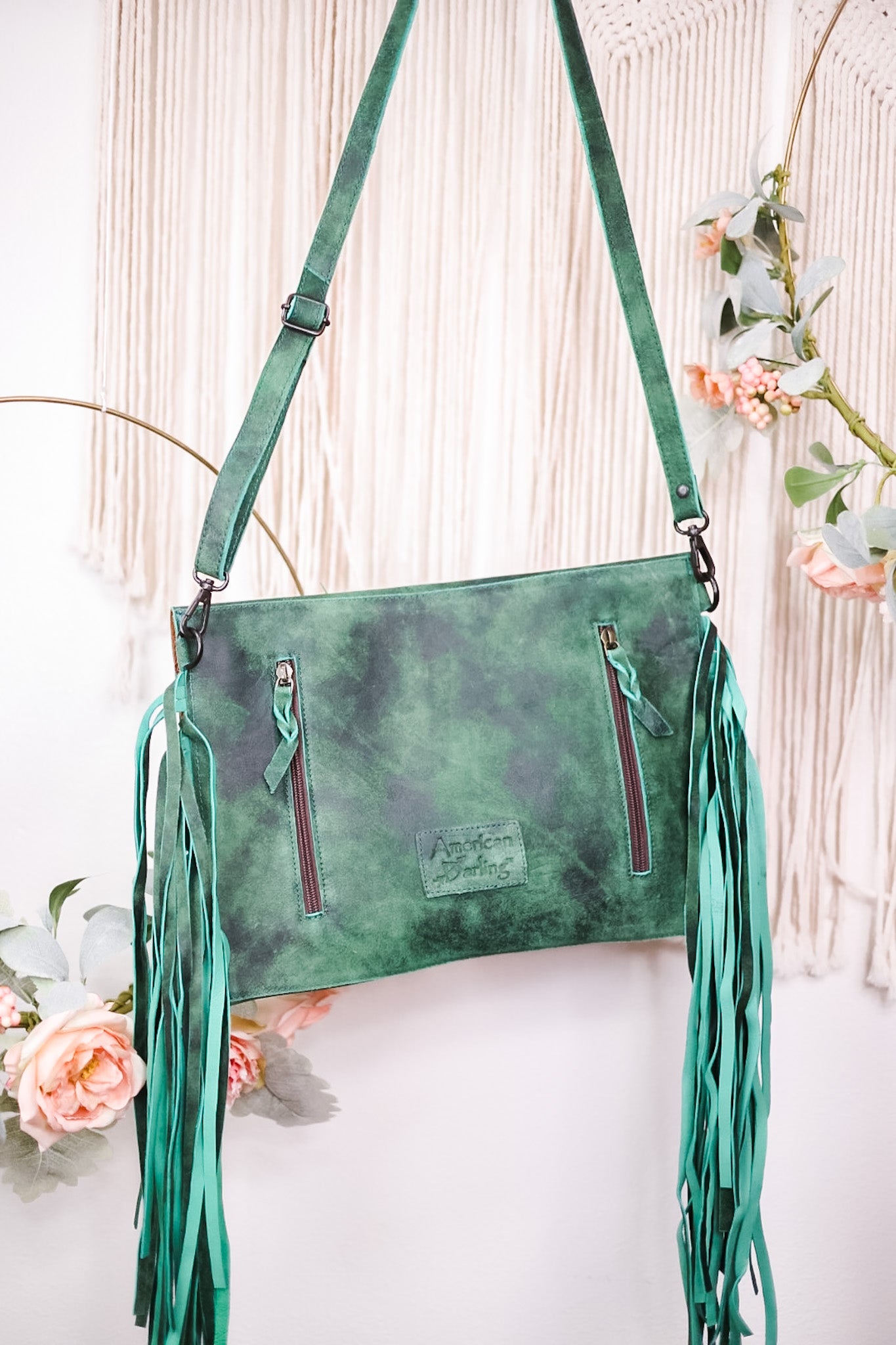 Emerald Green Crossbody Bag with Metal and Stone Accents