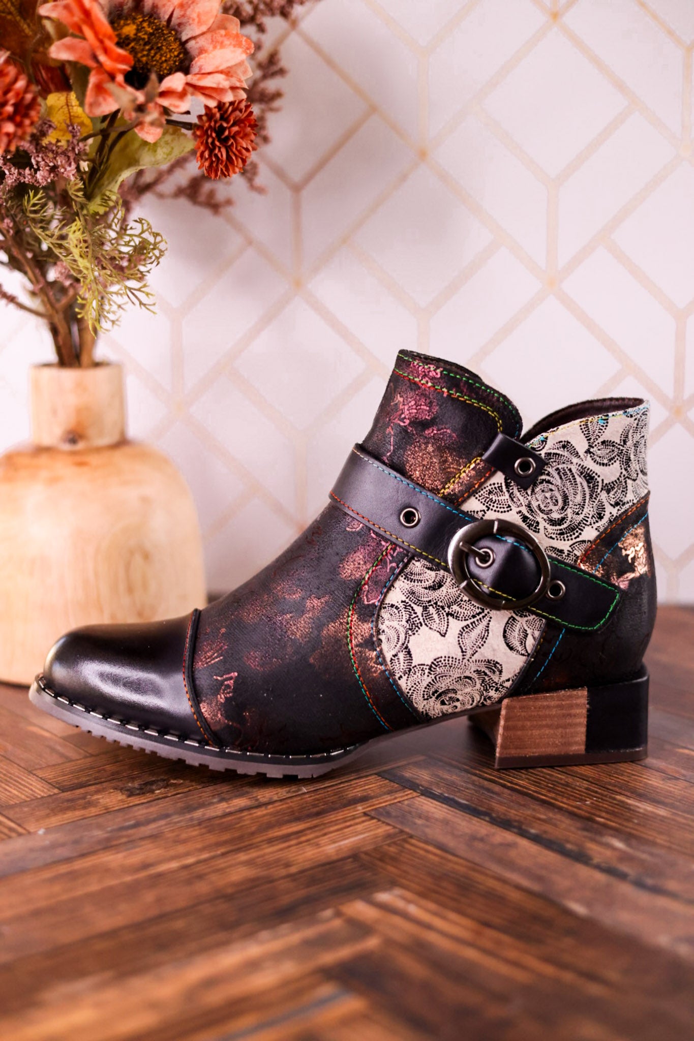Black Painted & Embossed Leather Ankle Boots
