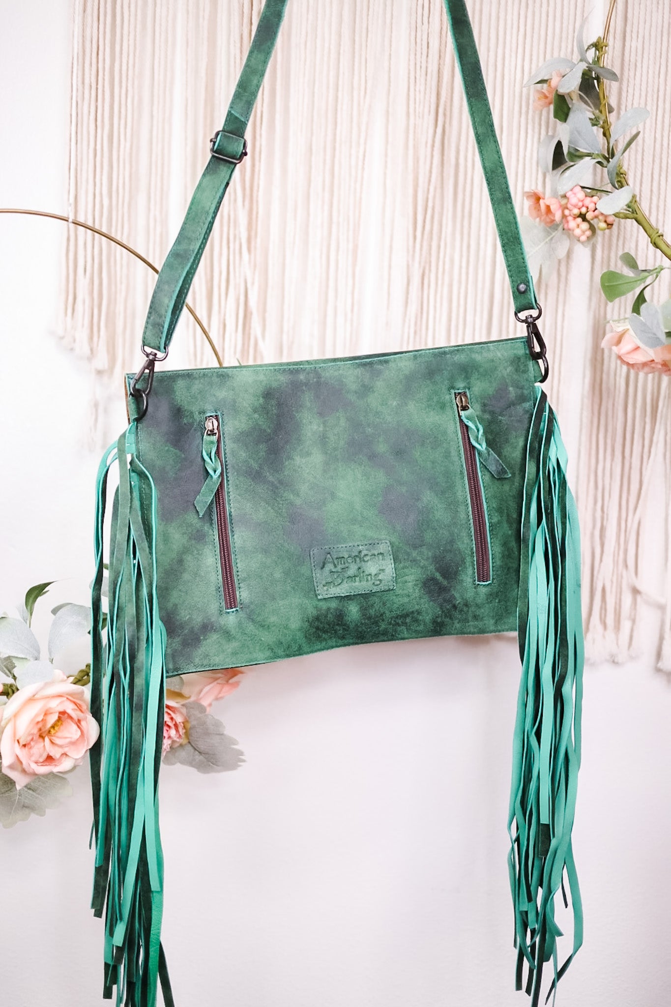 Emerald Green Crossbody Bag with Metal and Stone Accents
