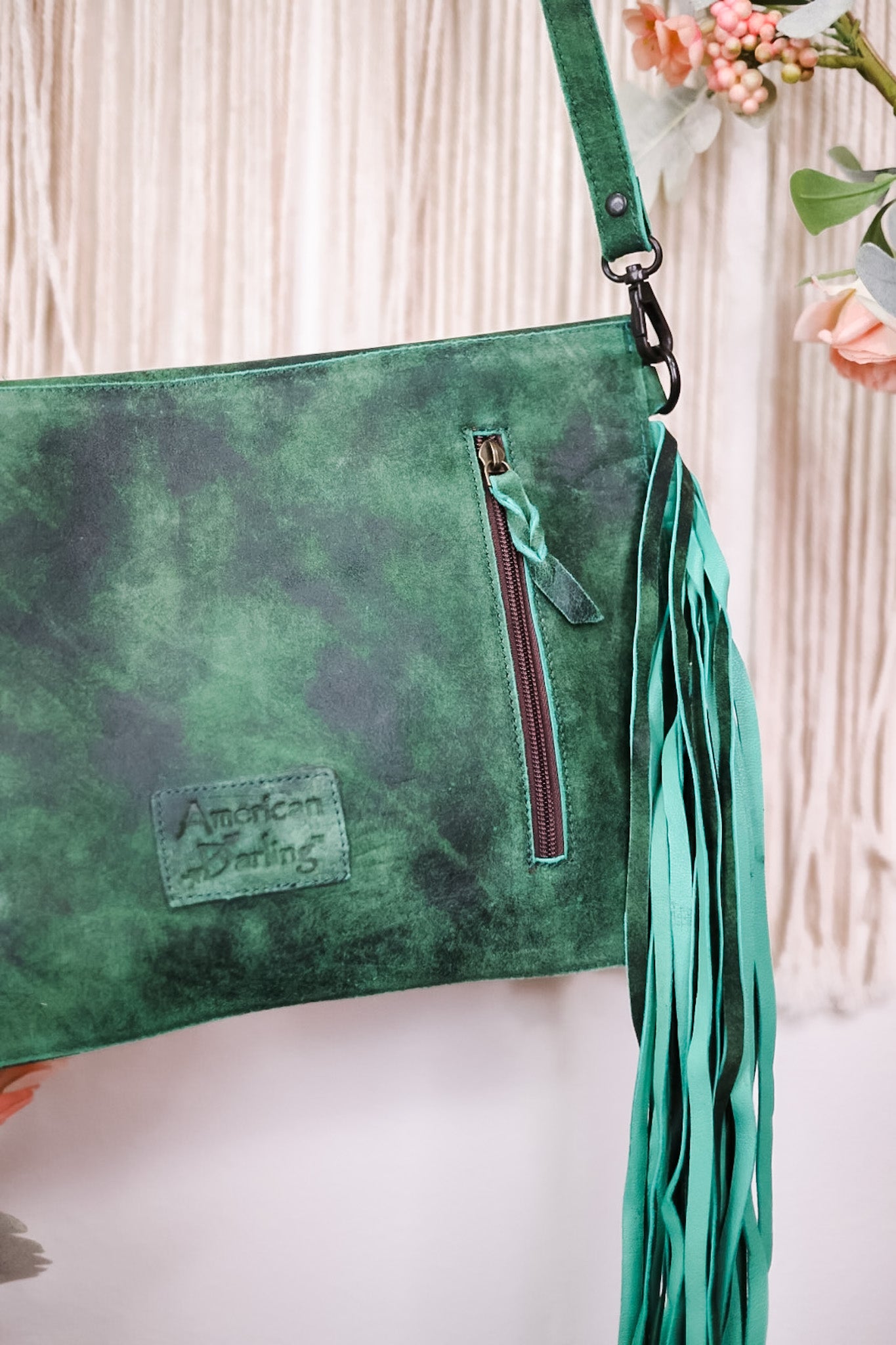 Emerald Green Crossbody Bag with Metal and Stone Accents