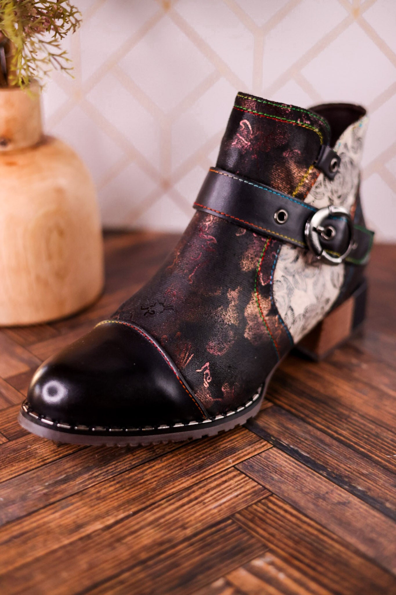 Black Painted & Embossed Leather Ankle Boots