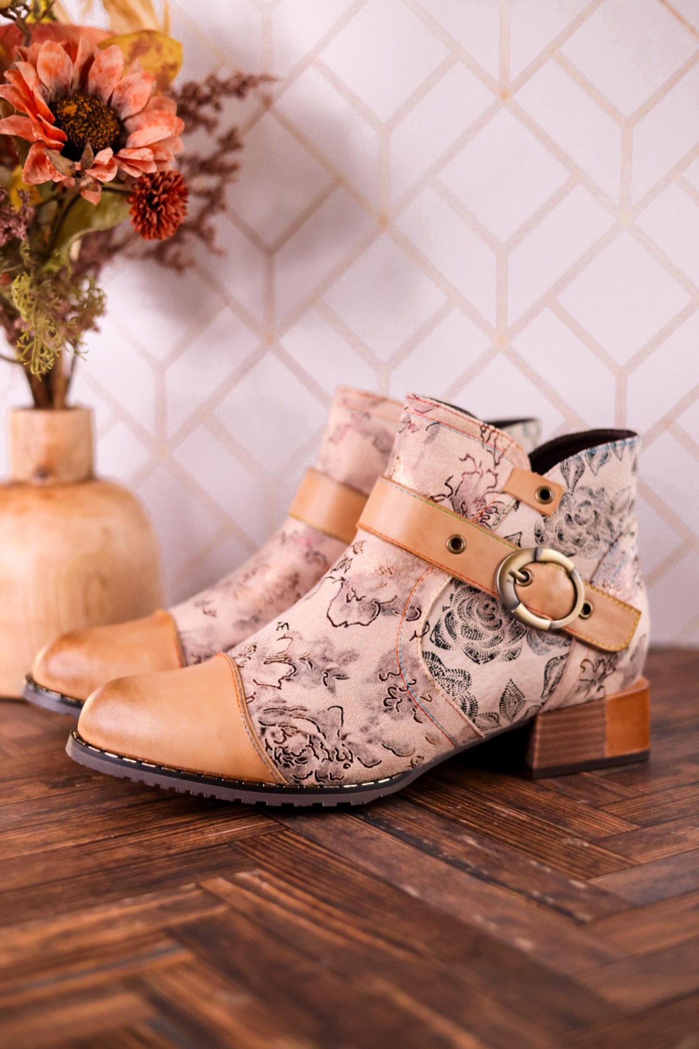Beige Painted & Embossed Leather Ankle Boots
