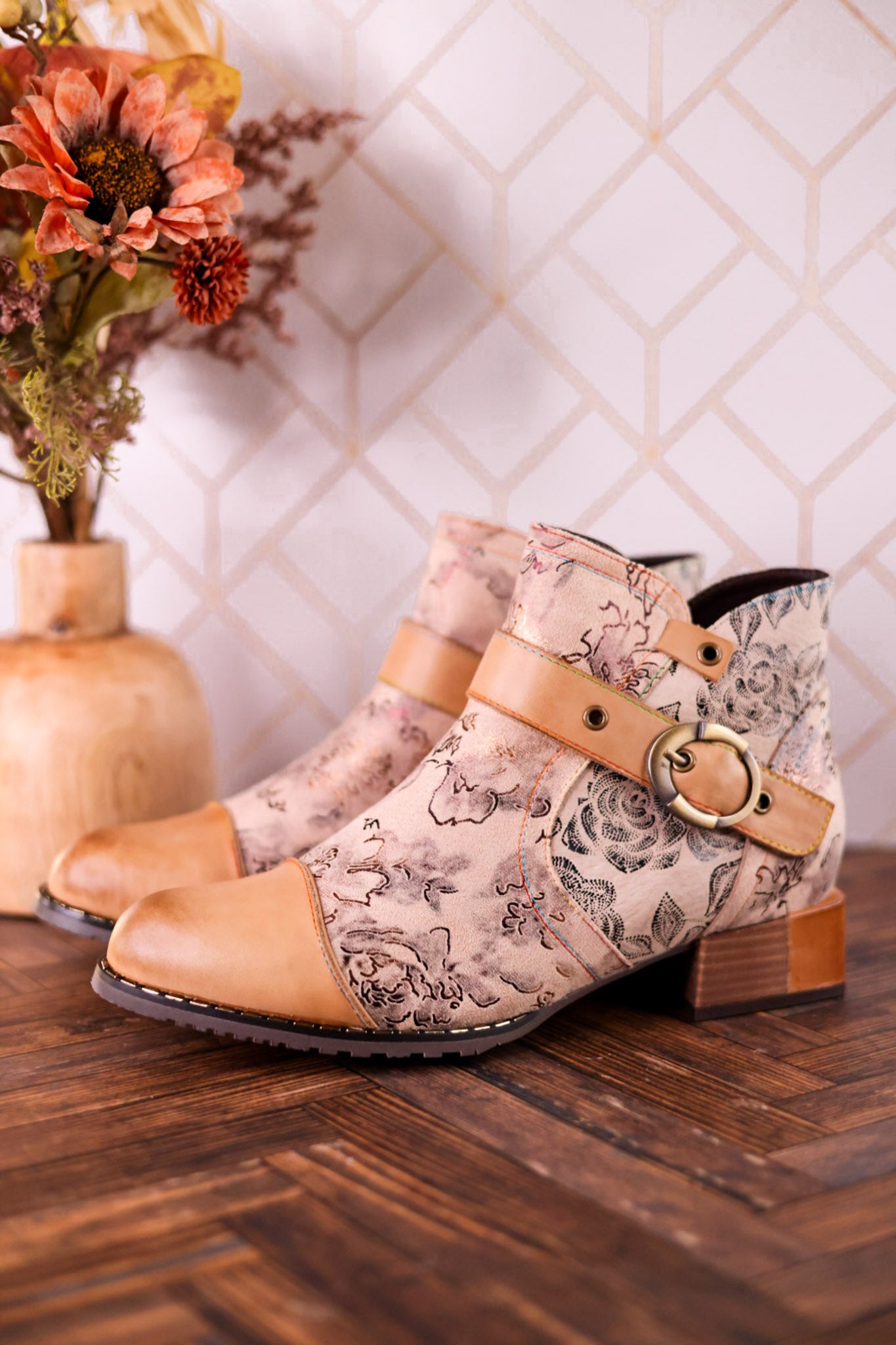 Beige Painted & Embossed Leather Ankle Boots