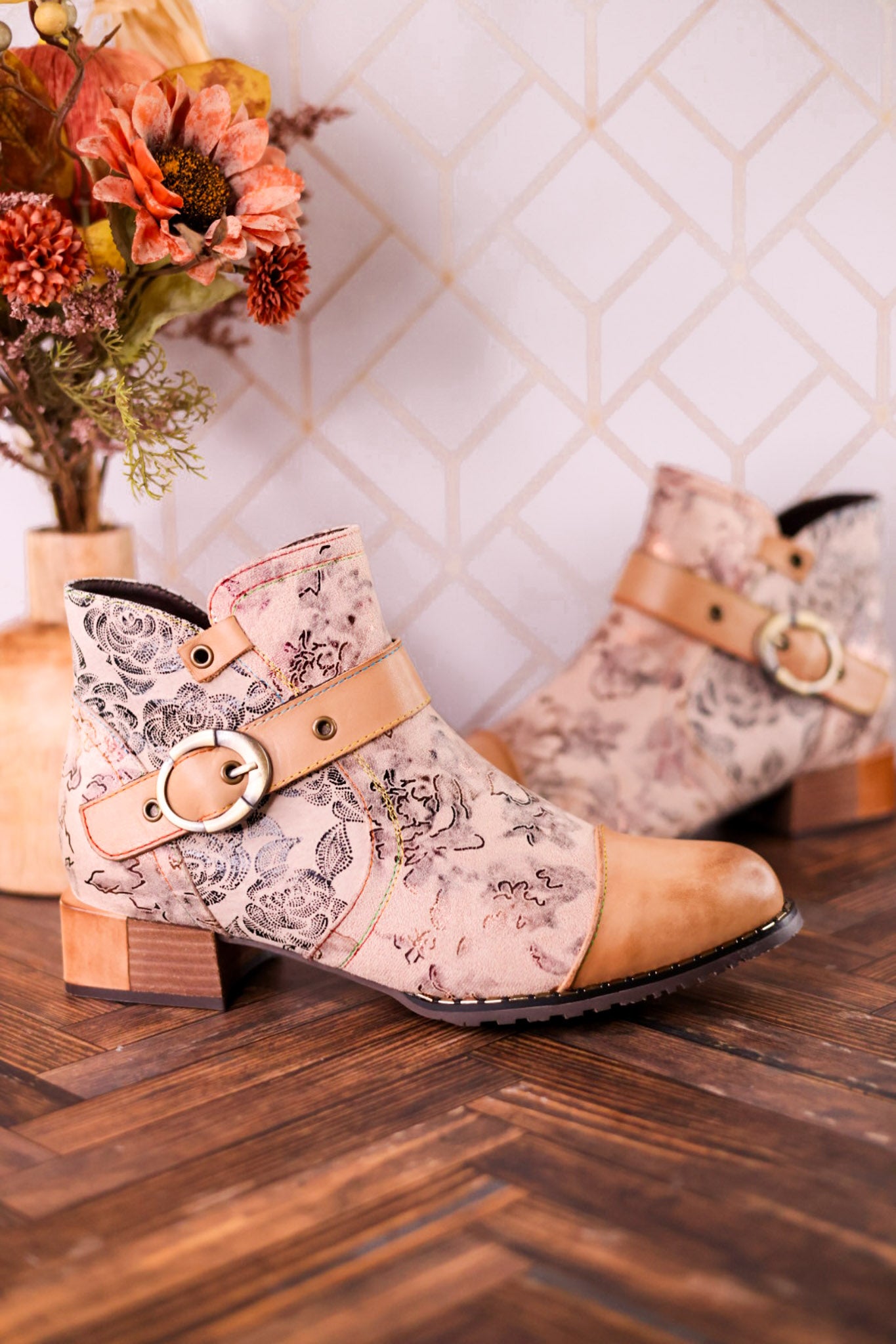 Beige Painted & Embossed Leather Ankle Boots