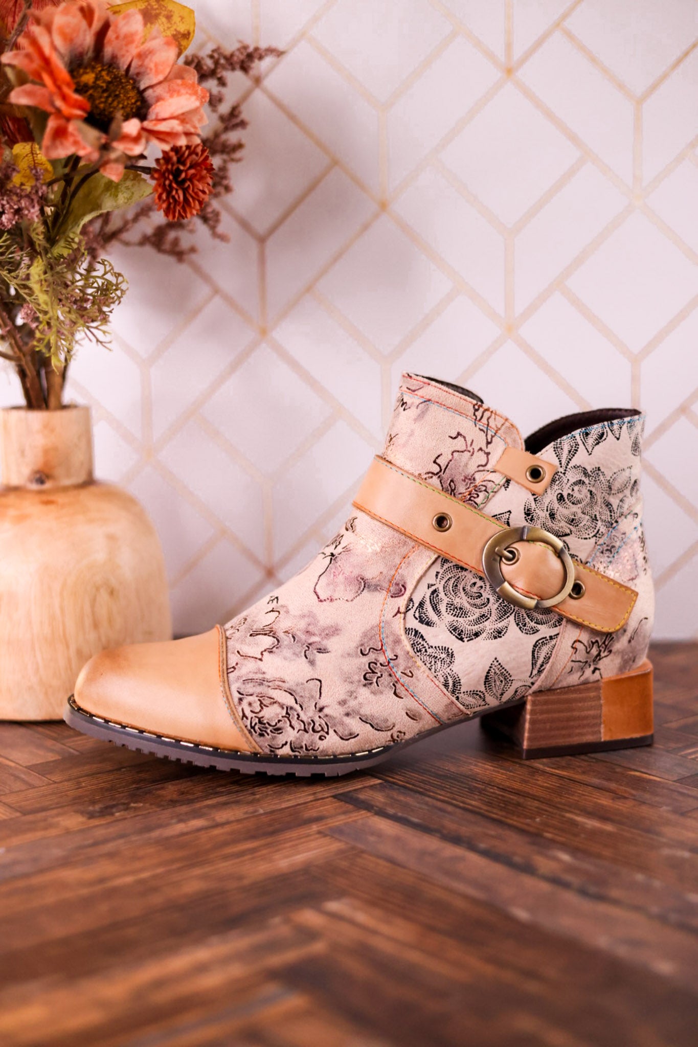 Beige Painted & Embossed Leather Ankle Boots
