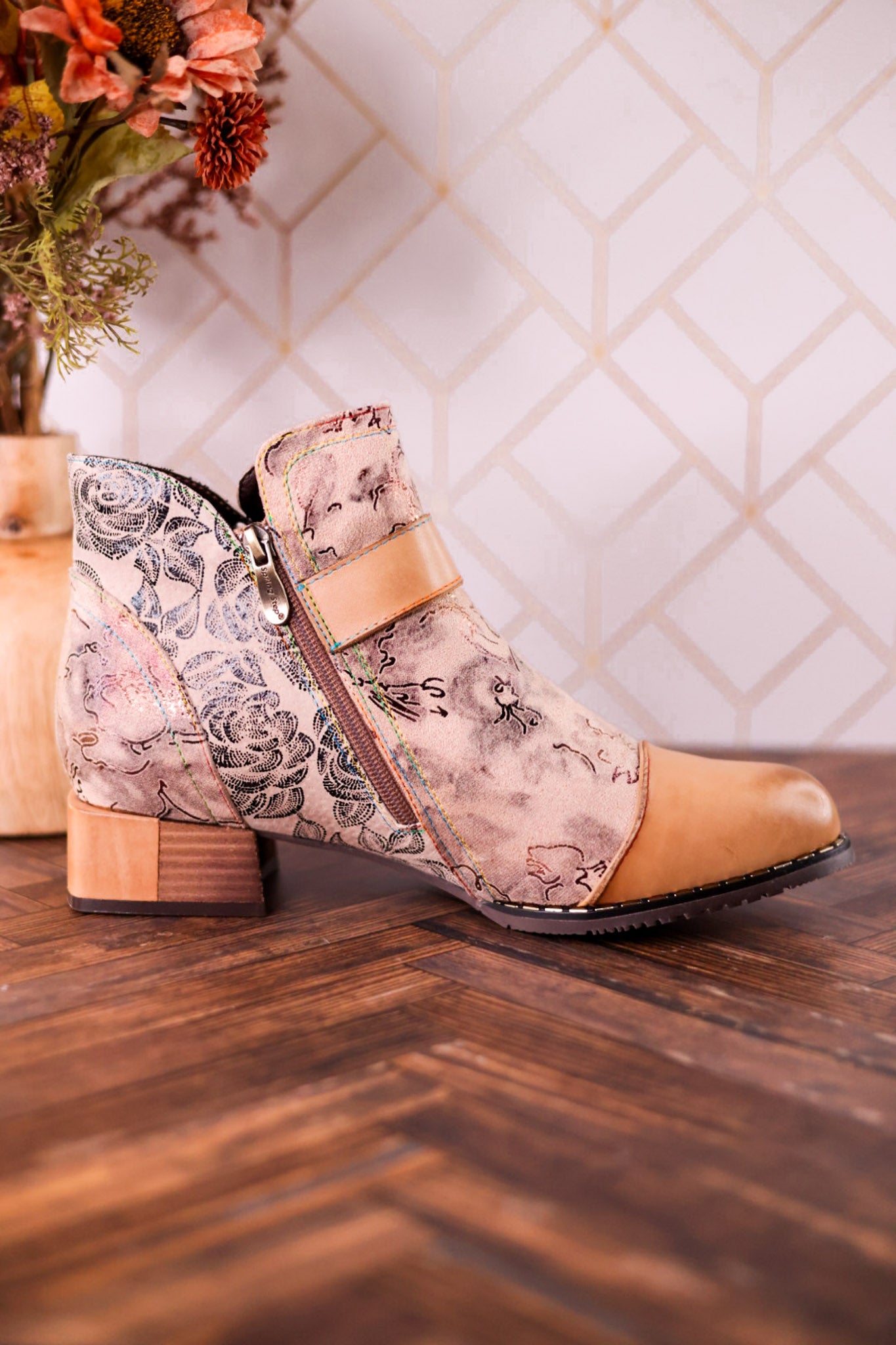 Beige Painted & Embossed Leather Ankle Boots