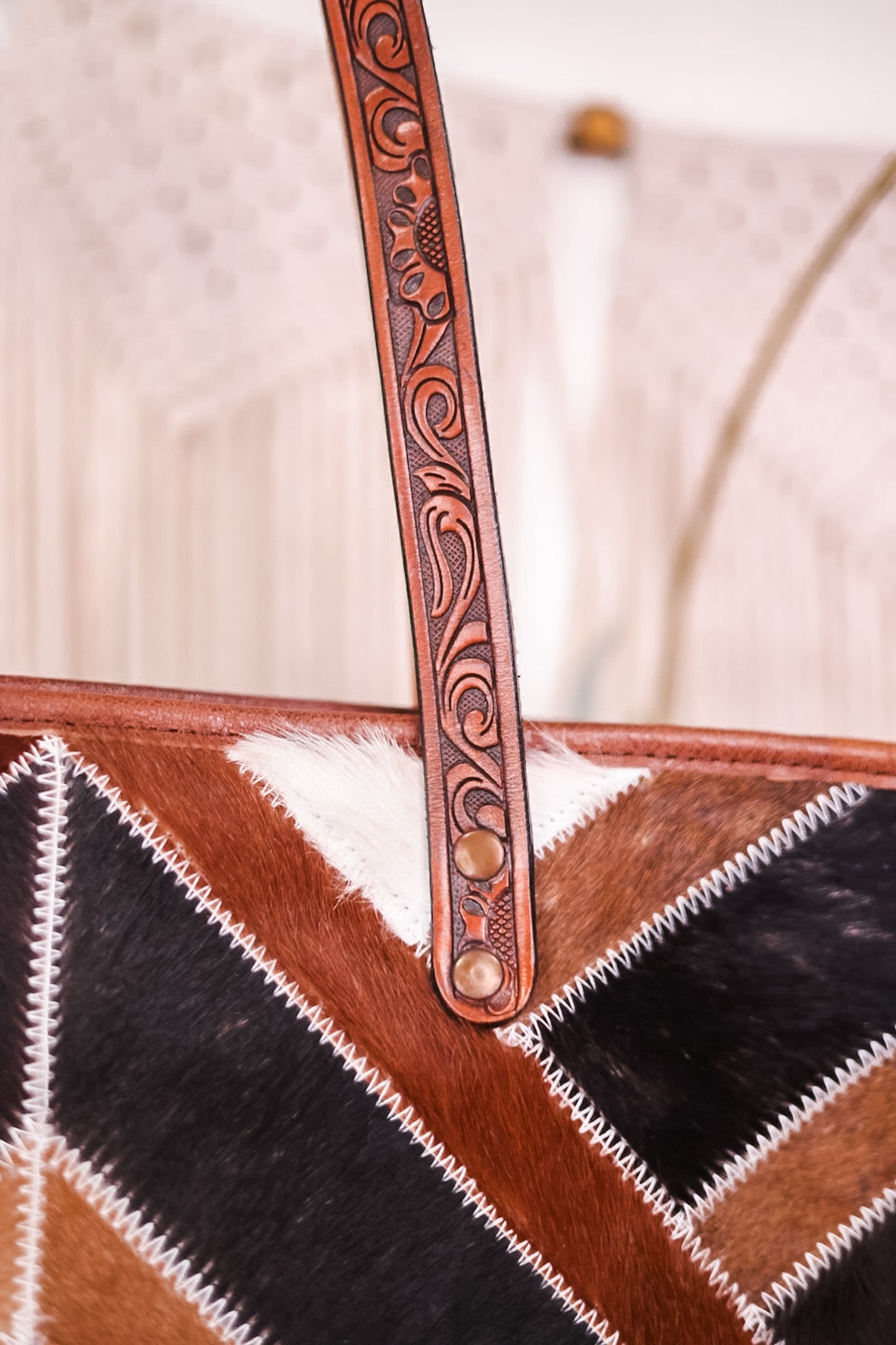 Geometric Patterned Leather and Cowhide Tote Bag