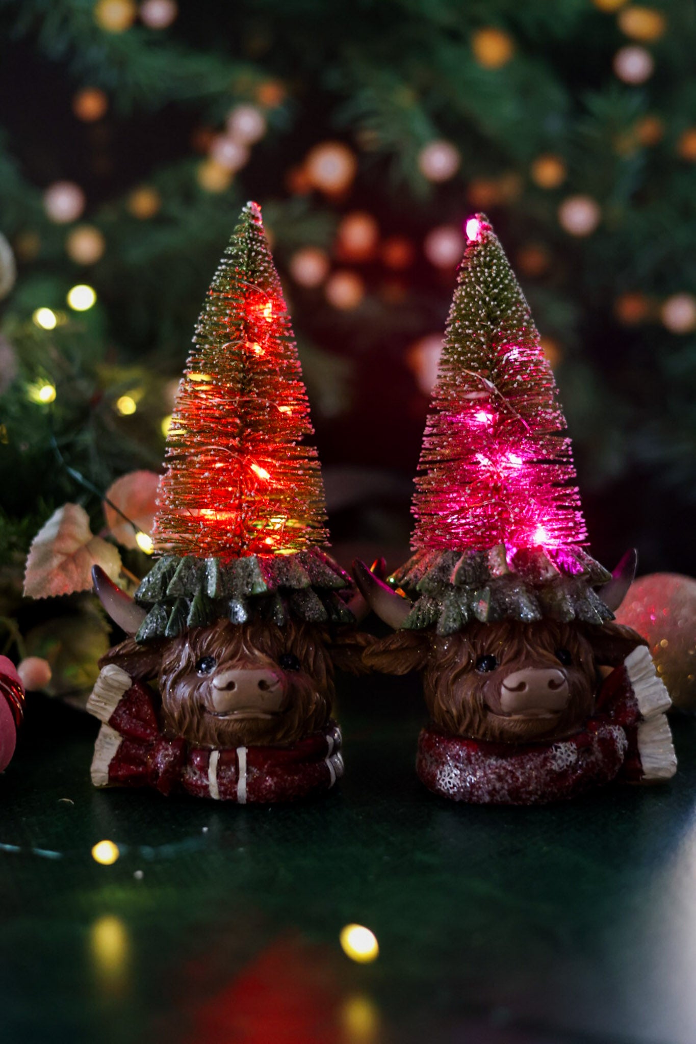 Lighted Resin Christmas Highland Cow W/ Tree (2 Styles)