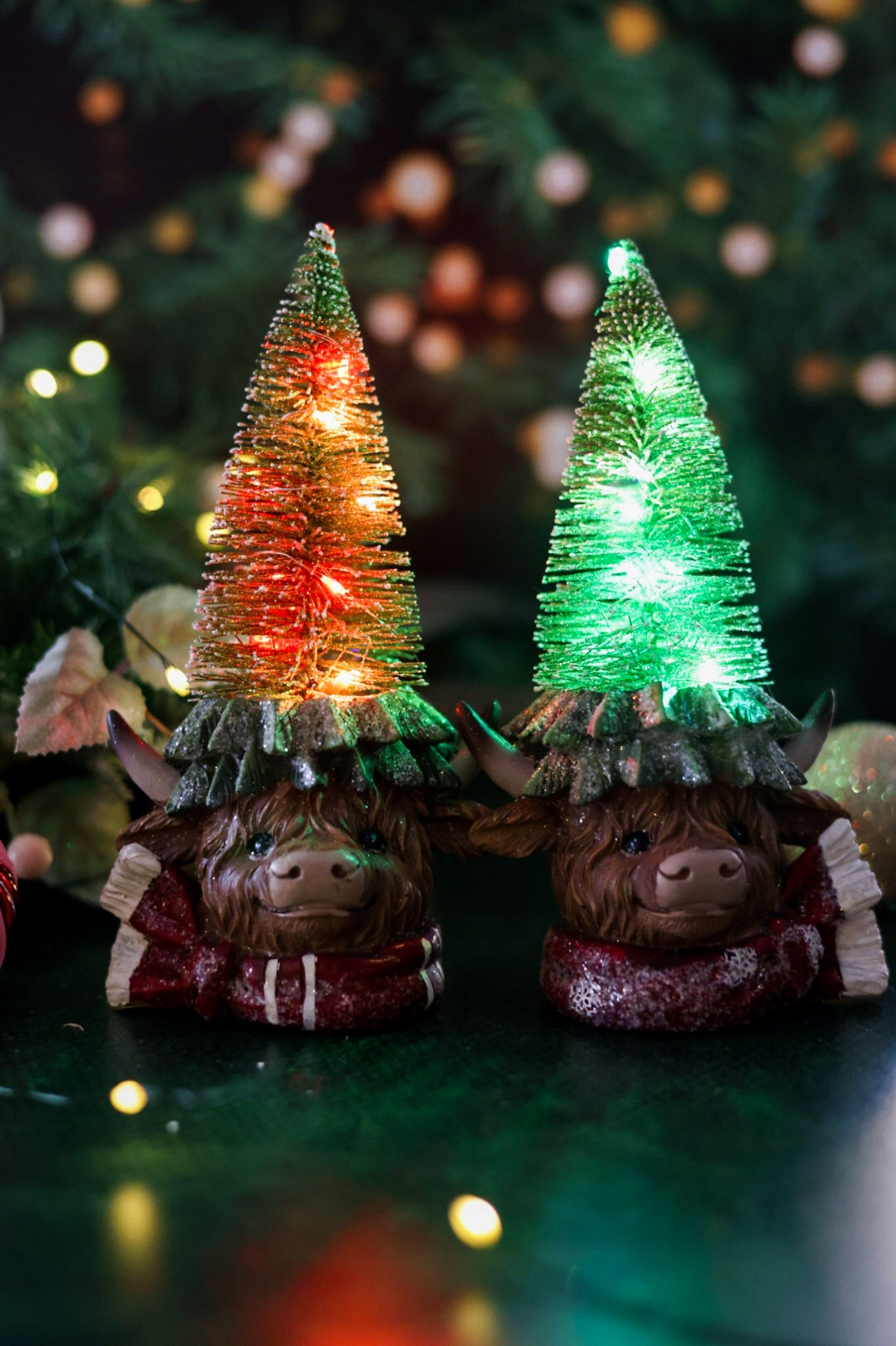 Lighted Resin Christmas Highland Cow W/ Tree (2 Styles)