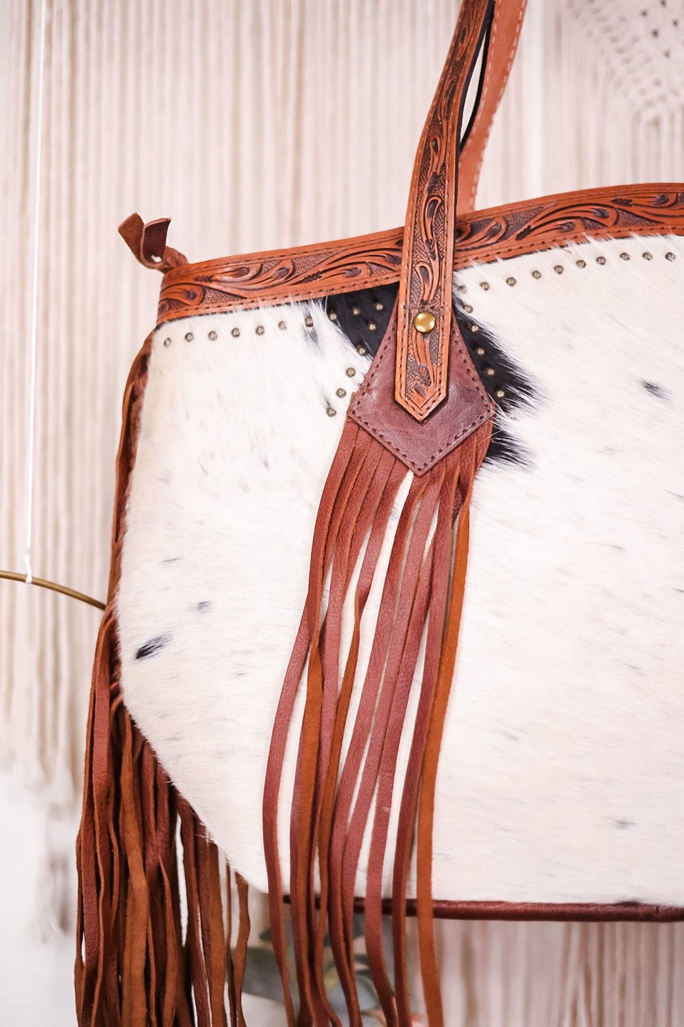 Cowhide Tote Bag with Leather Fringe and Accents