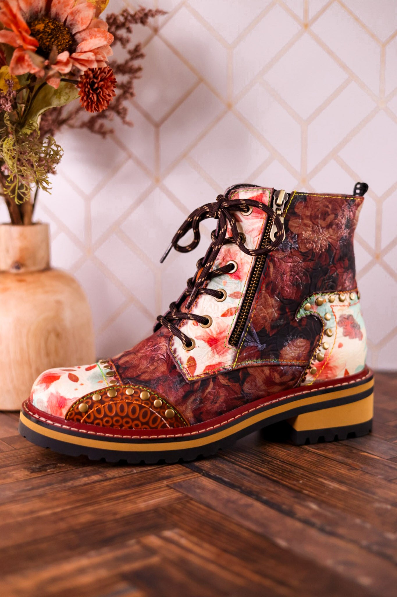 Rugup Brown Leather Studded Mixed Pattern Boots