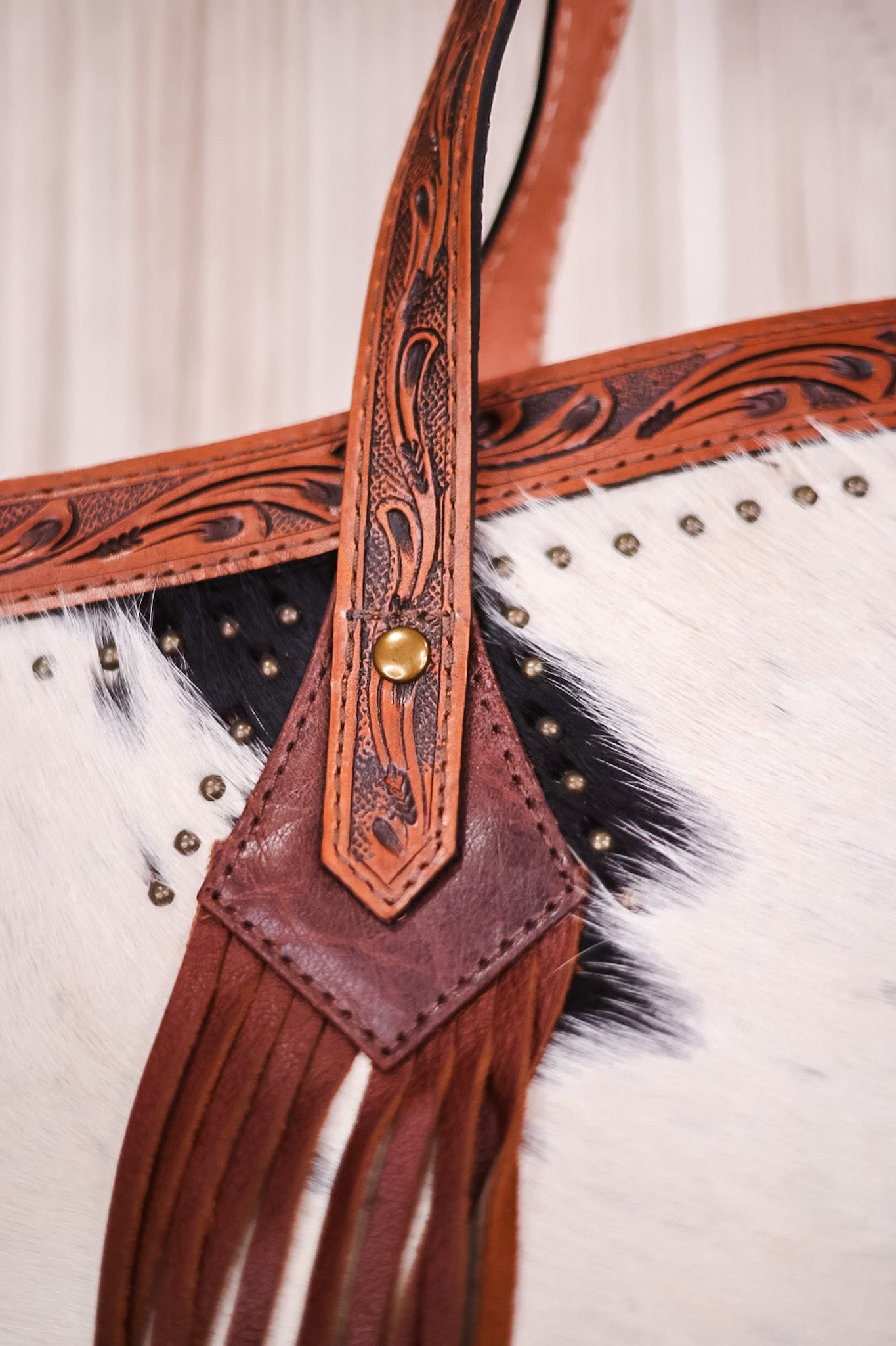 Cowhide Tote Bag with Leather Fringe and Accents