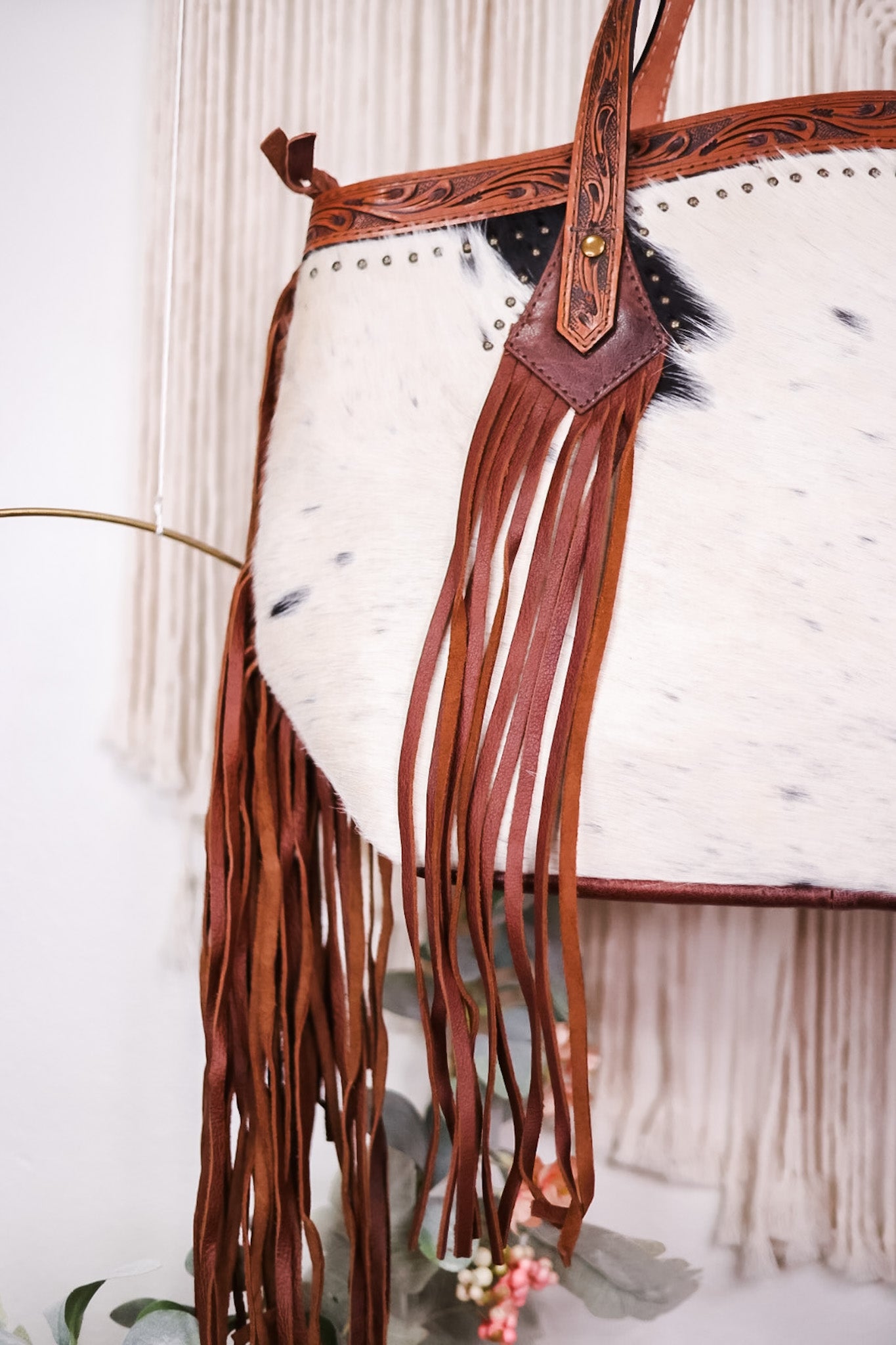 Cowhide Tote Bag with Leather Fringe and Accents