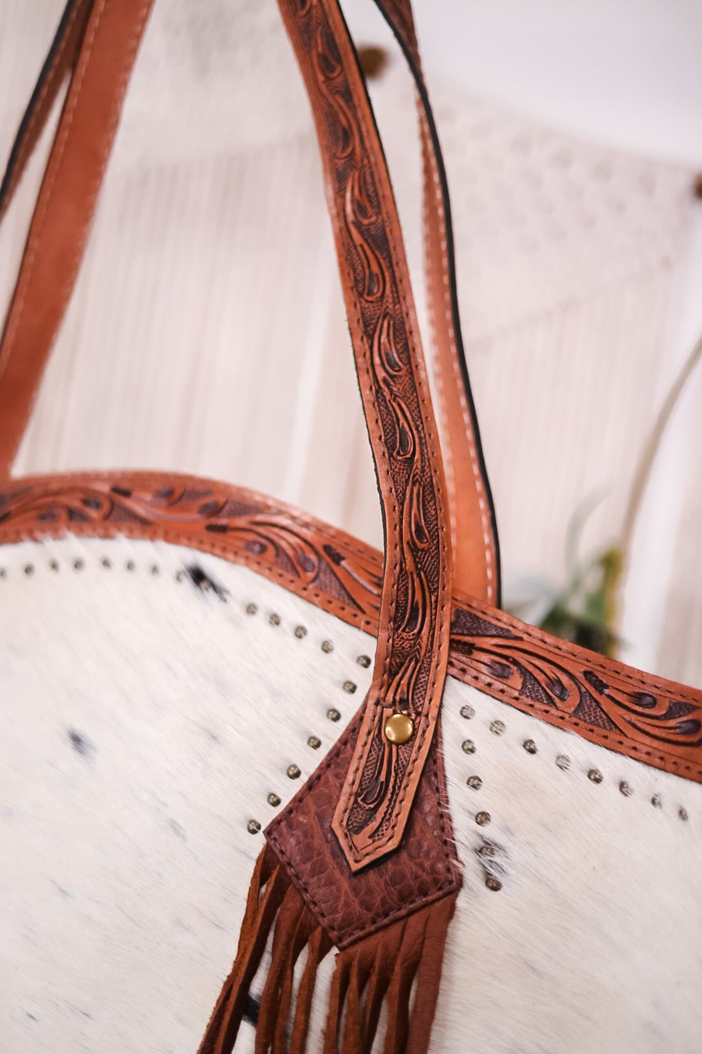 Cowhide Tote Bag with Leather Fringe and Accents