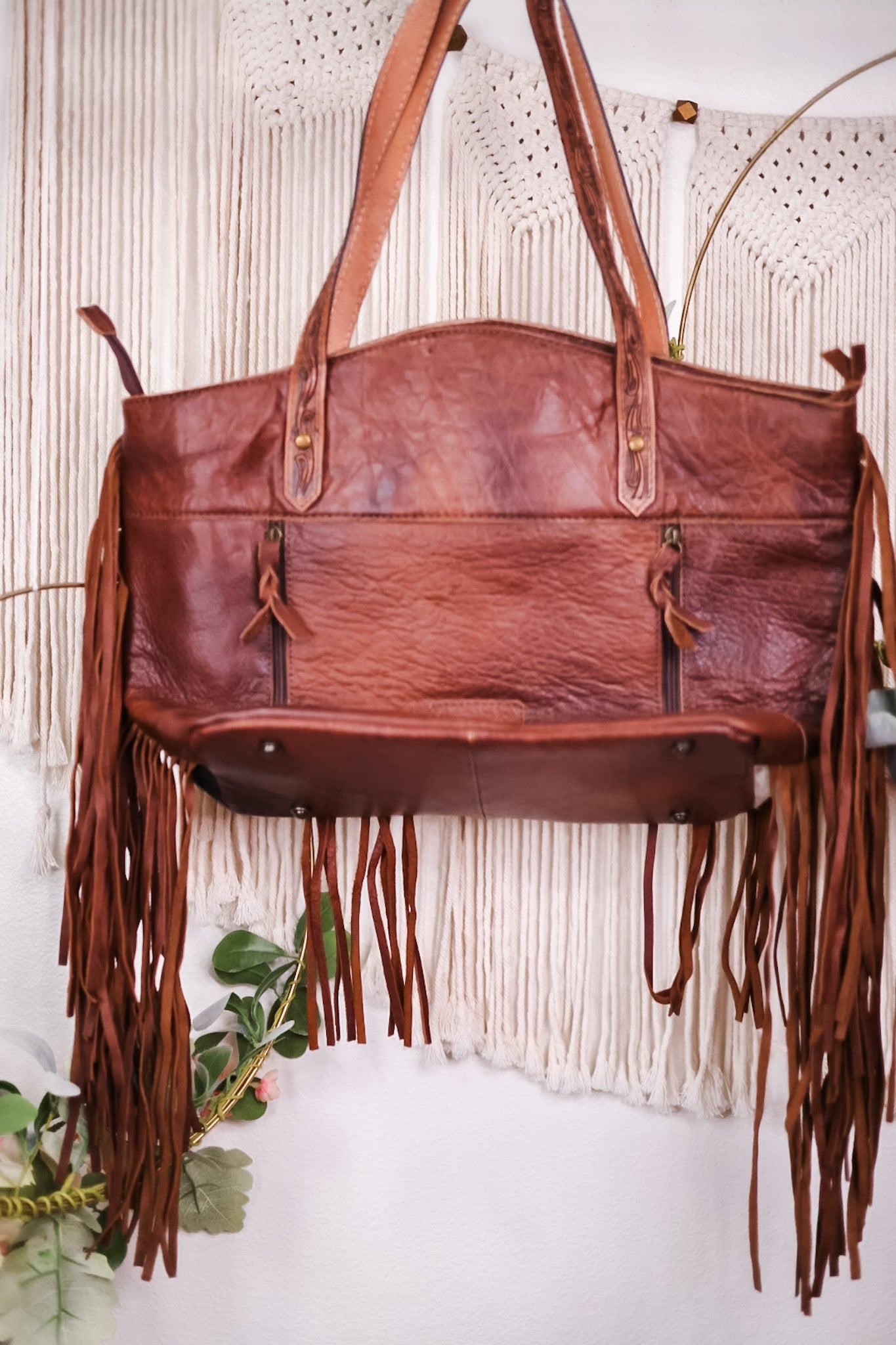 Cowhide Tote Bag with Leather Fringe and Accents