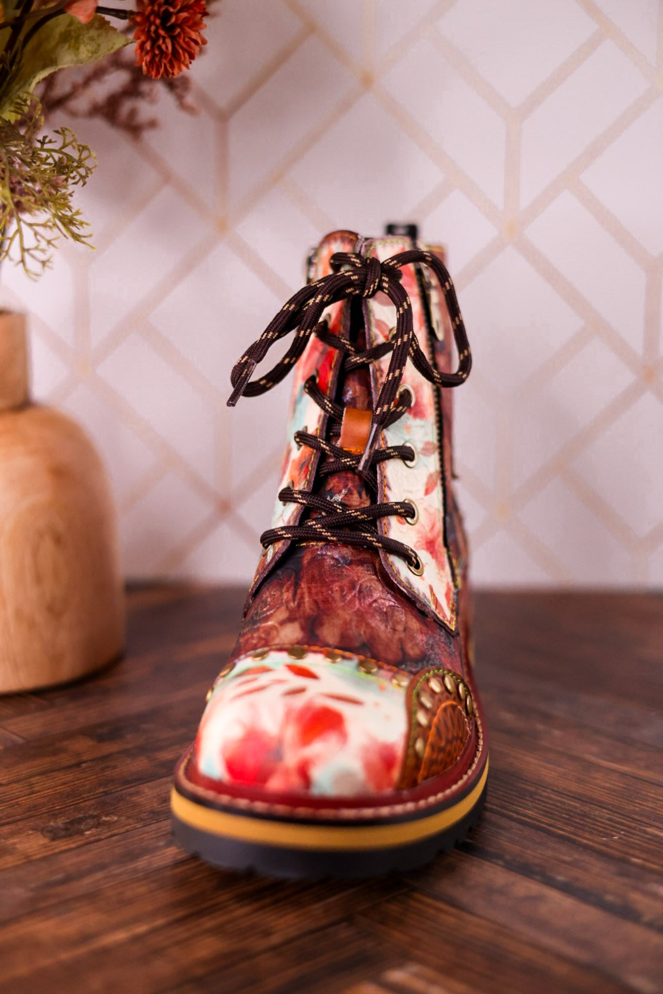 Rugup Brown Leather Studded Mixed Pattern Boots