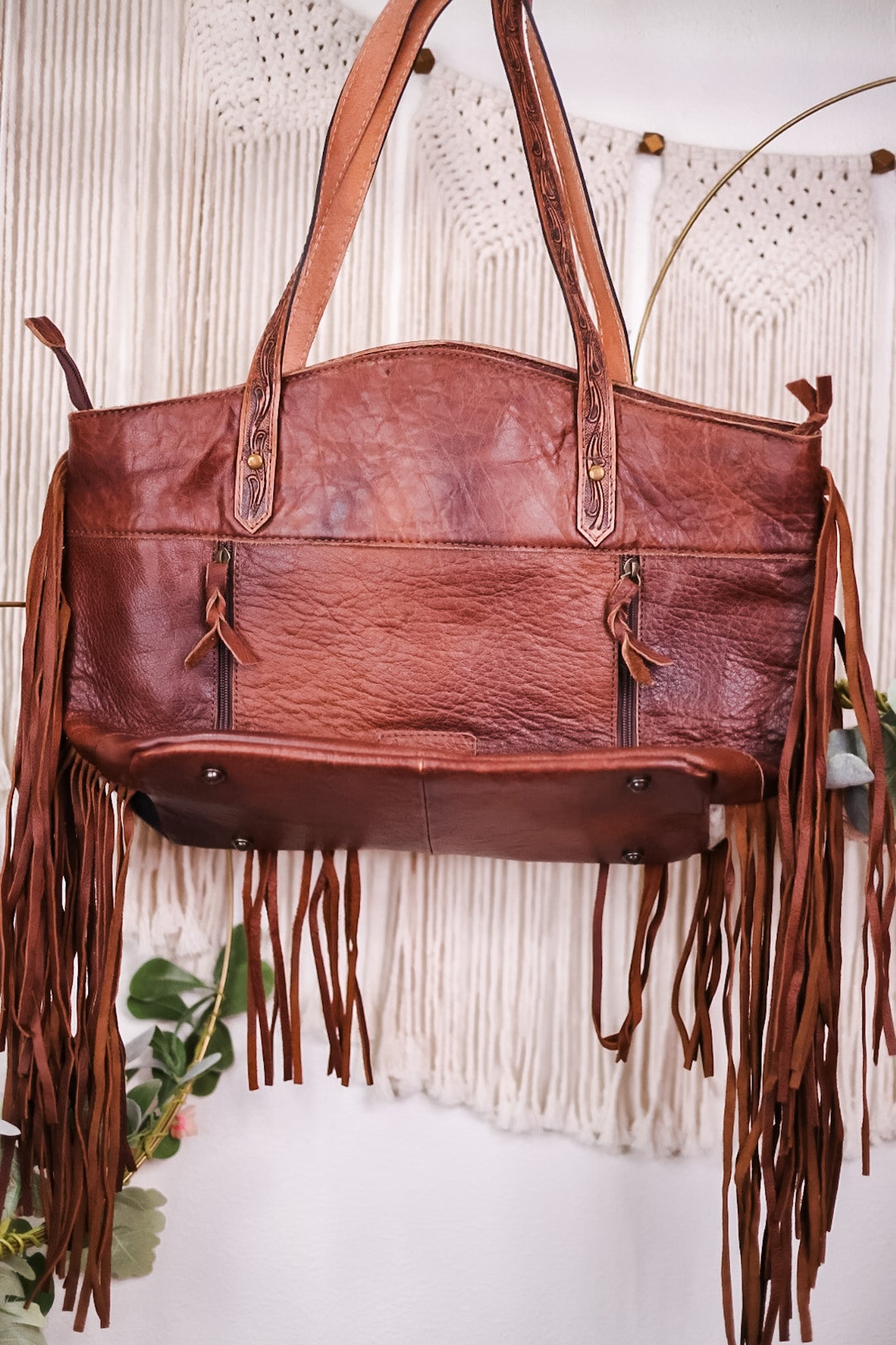 Cowhide Tote Bag with Leather Fringe and Accents