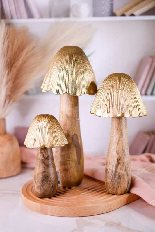 Aluminum and Mango Wood Decorative Mushrooms (3 Sizes)