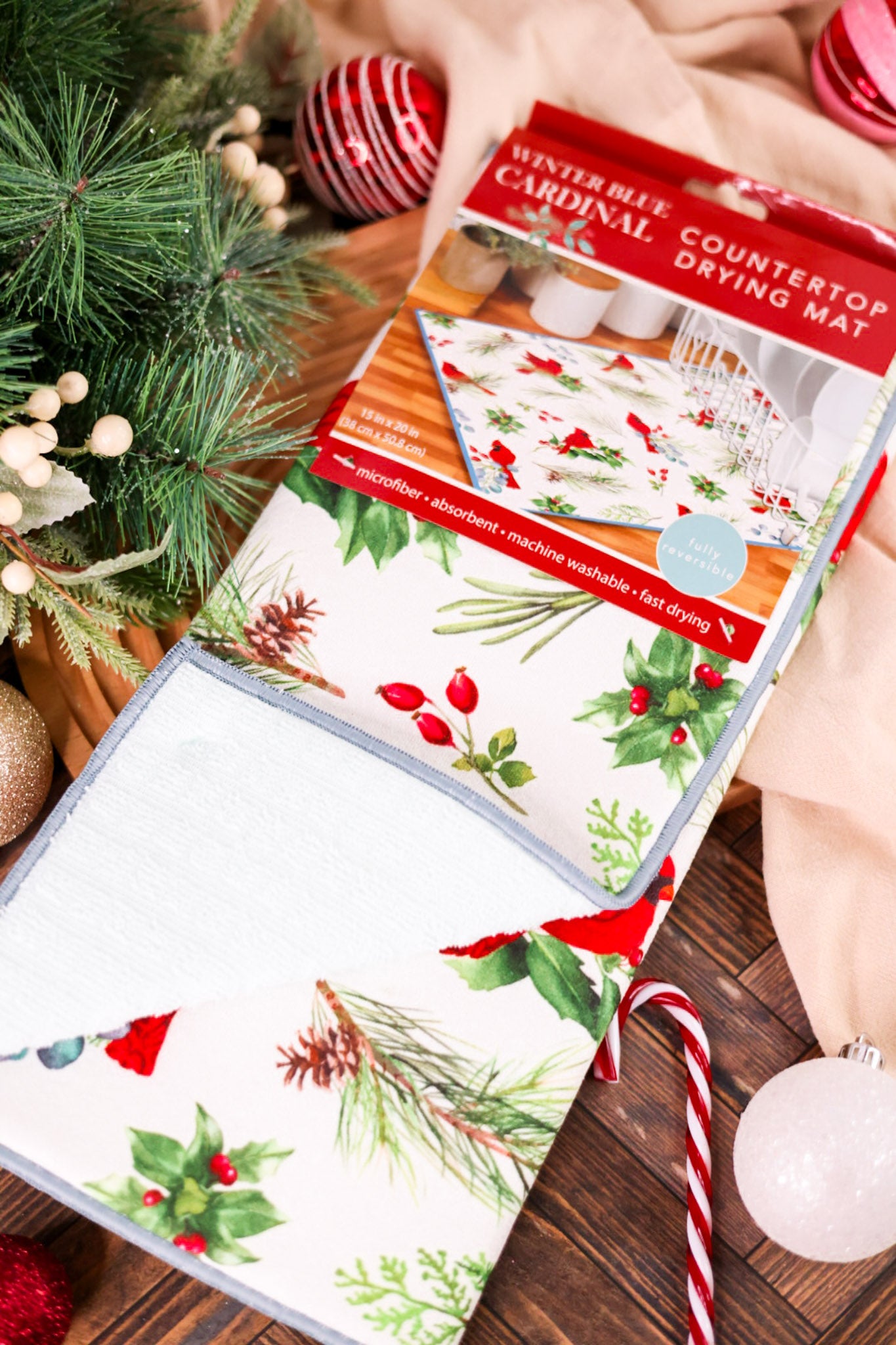 Winter Blue Cardinal Kitchen Counter Drying Mat