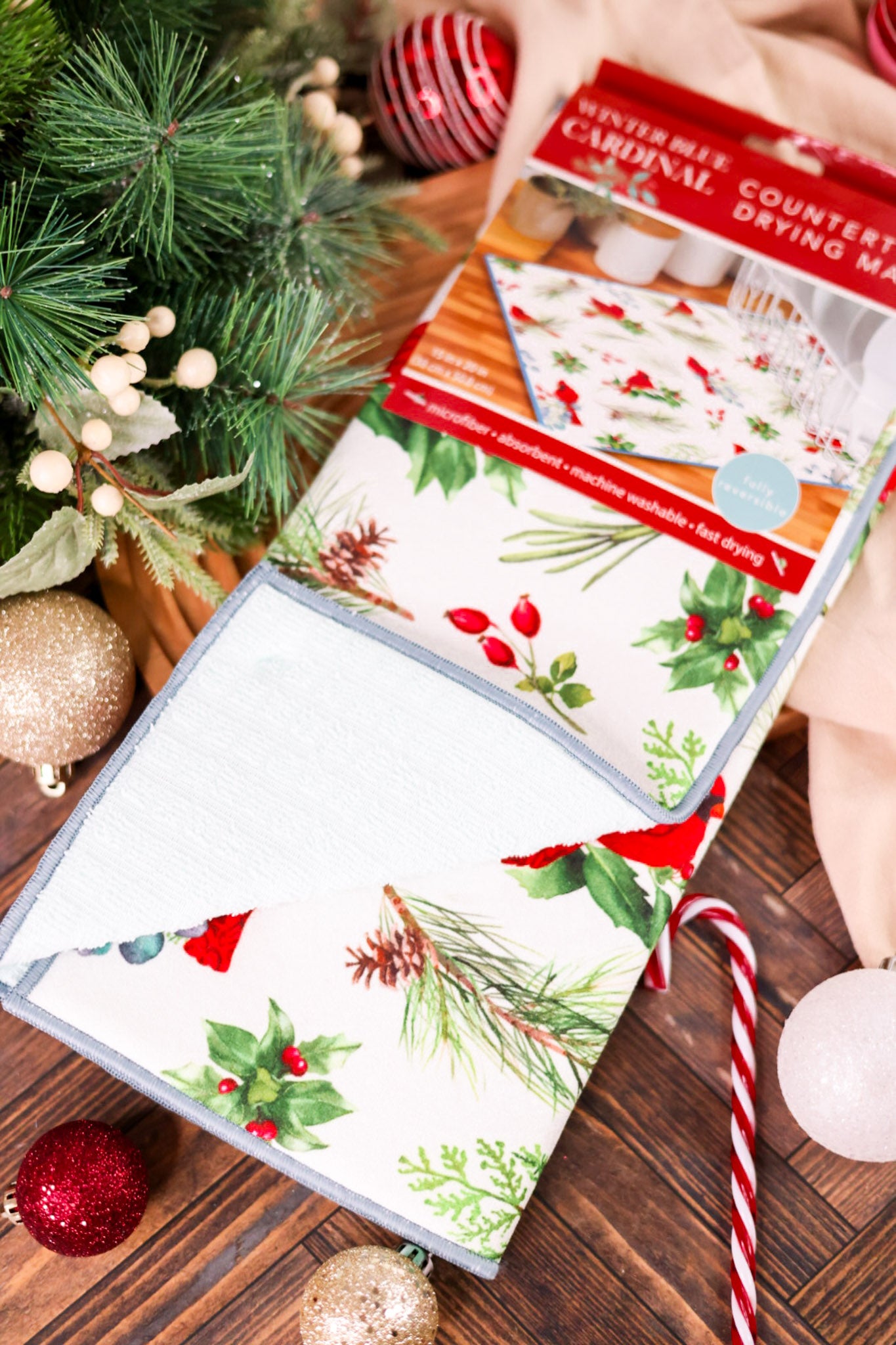 Winter Blue Cardinal Kitchen Counter Drying Mat