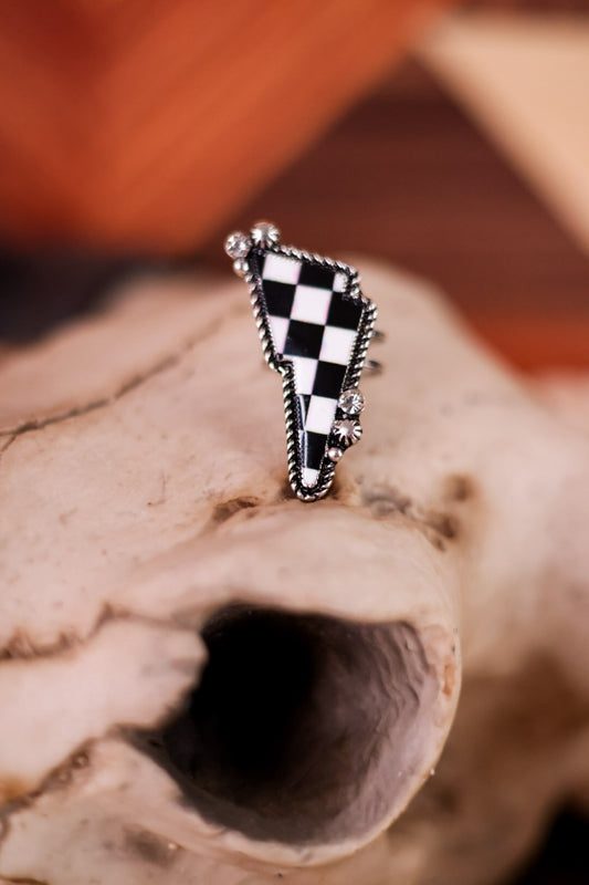 Checkered Black and White Lightning Bolt Adjustable Ring