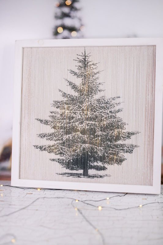 Lighted White Framed Christmas Tree Wall Sign