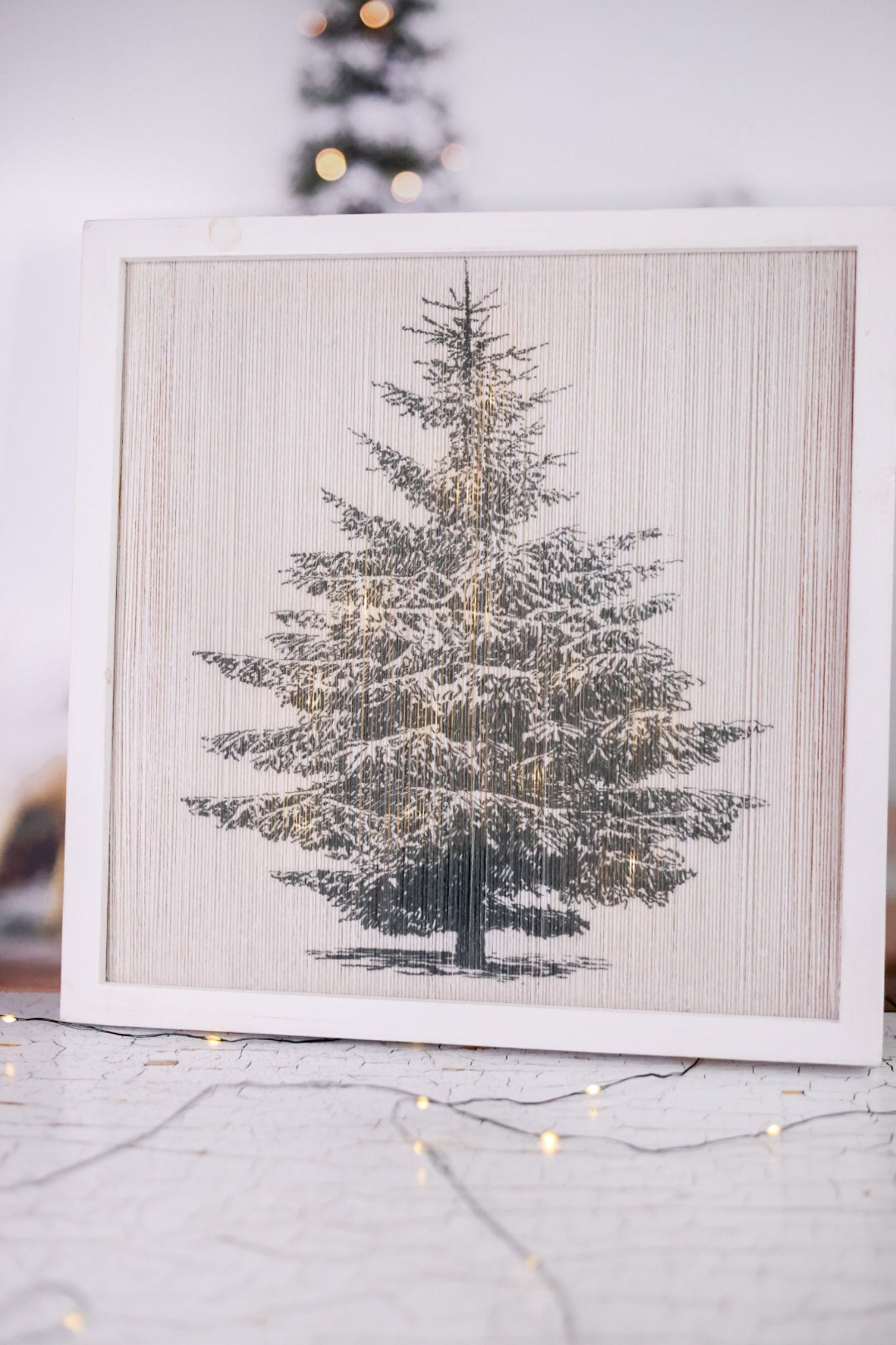 Lighted White Framed Christmas Tree Wall Sign