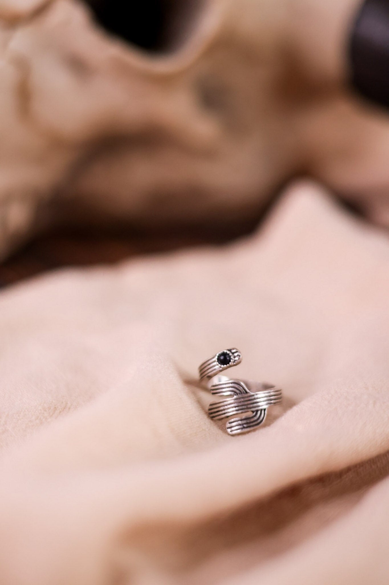 Cactus Cuff Ring with Black Stone Accent