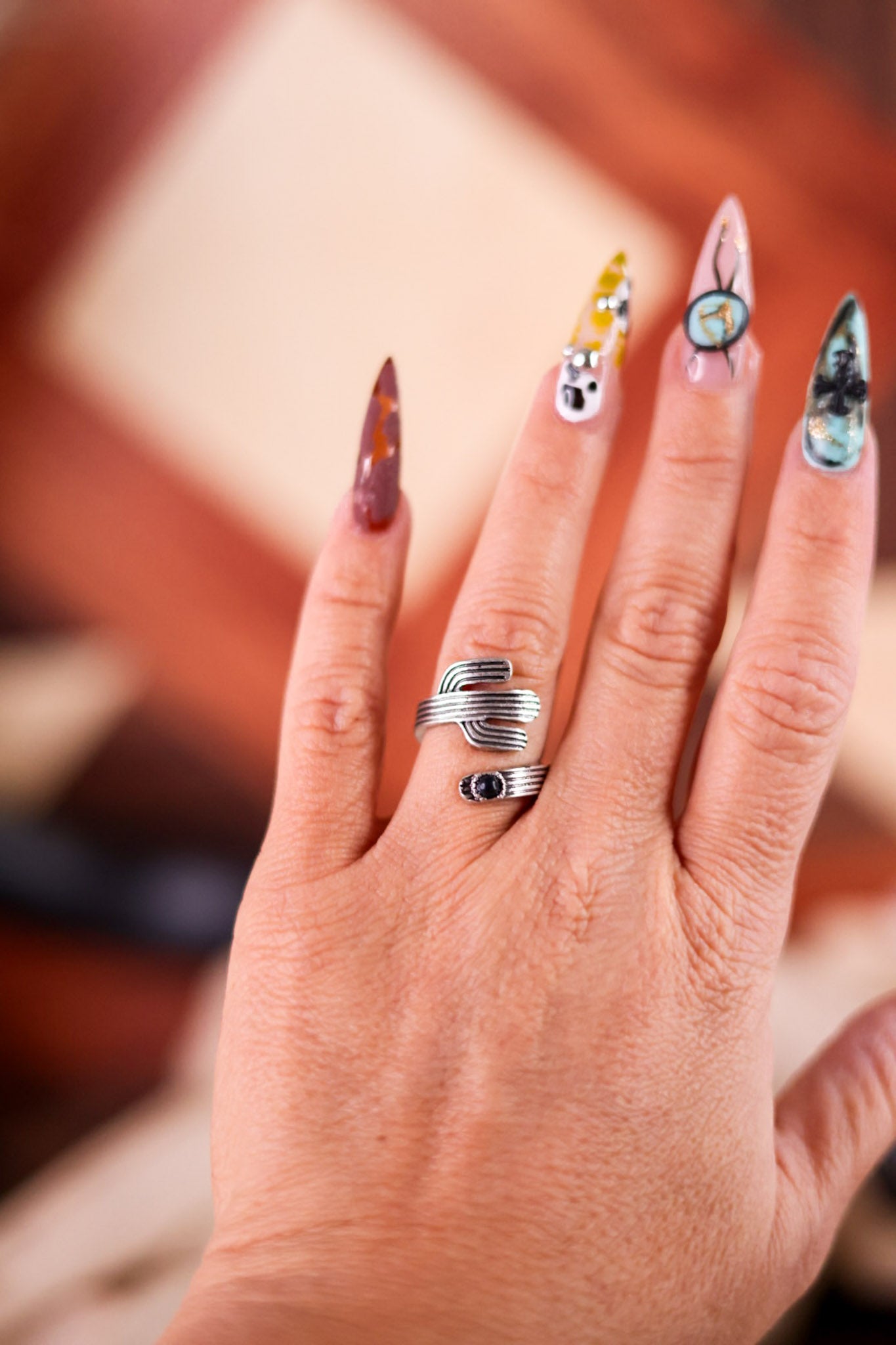 Cactus Cuff Ring with Black Stone Accent