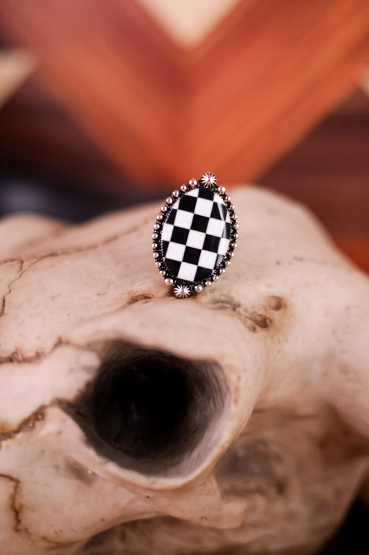 Black and White Checkered Oval Adjustable Ring