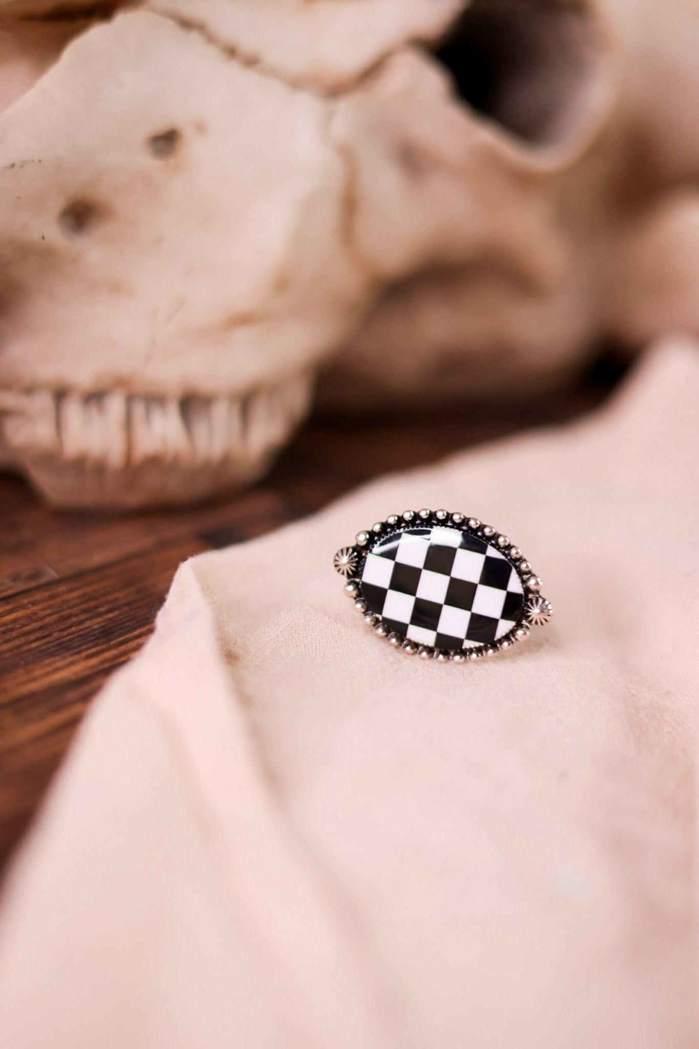 Black and White Checkered Oval Adjustable Ring
