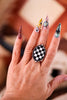 Black and White Checkered Oval Adjustable Ring