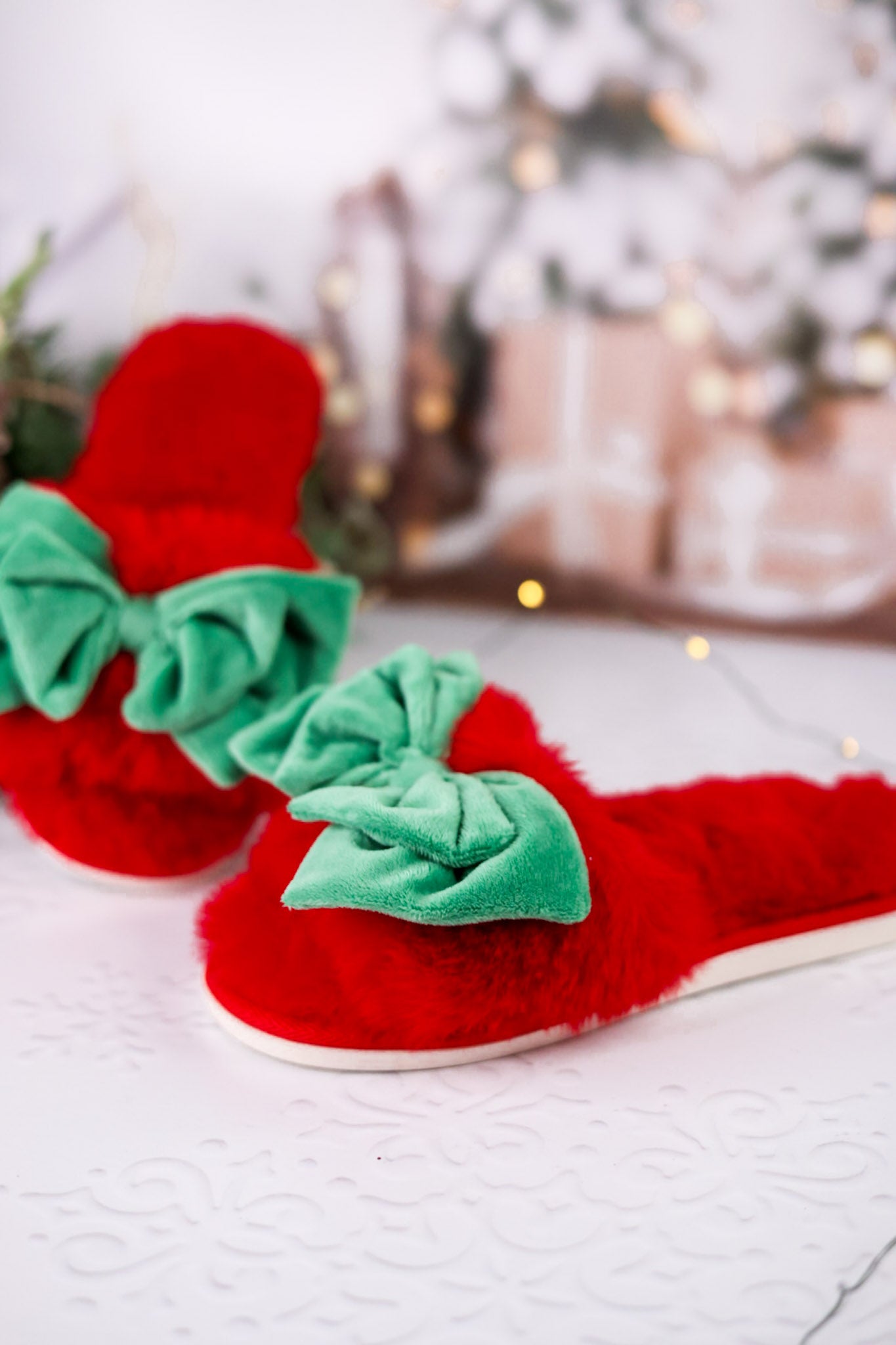 Red Noelle Slippers W/ Green Bows