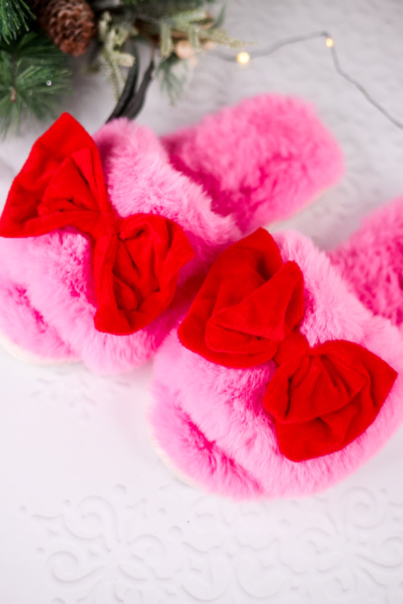 Pink Noelle Slippers W/ Red Bows