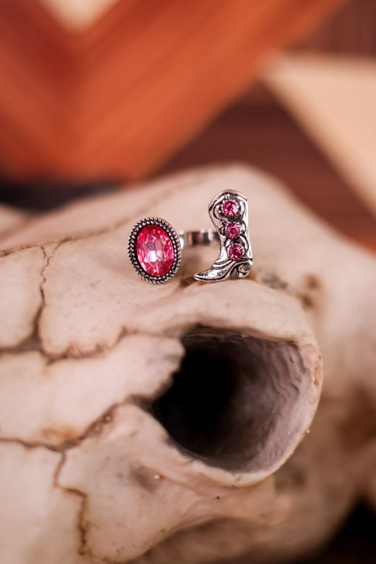 Open Cuff Boot Ring with Pink Stone Accents