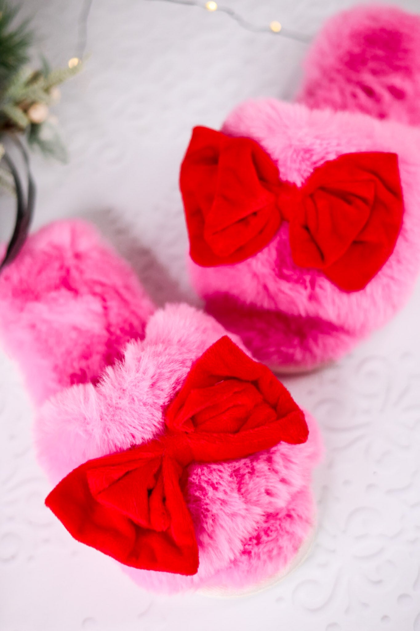 Pink Noelle Slippers W/ Red Bows