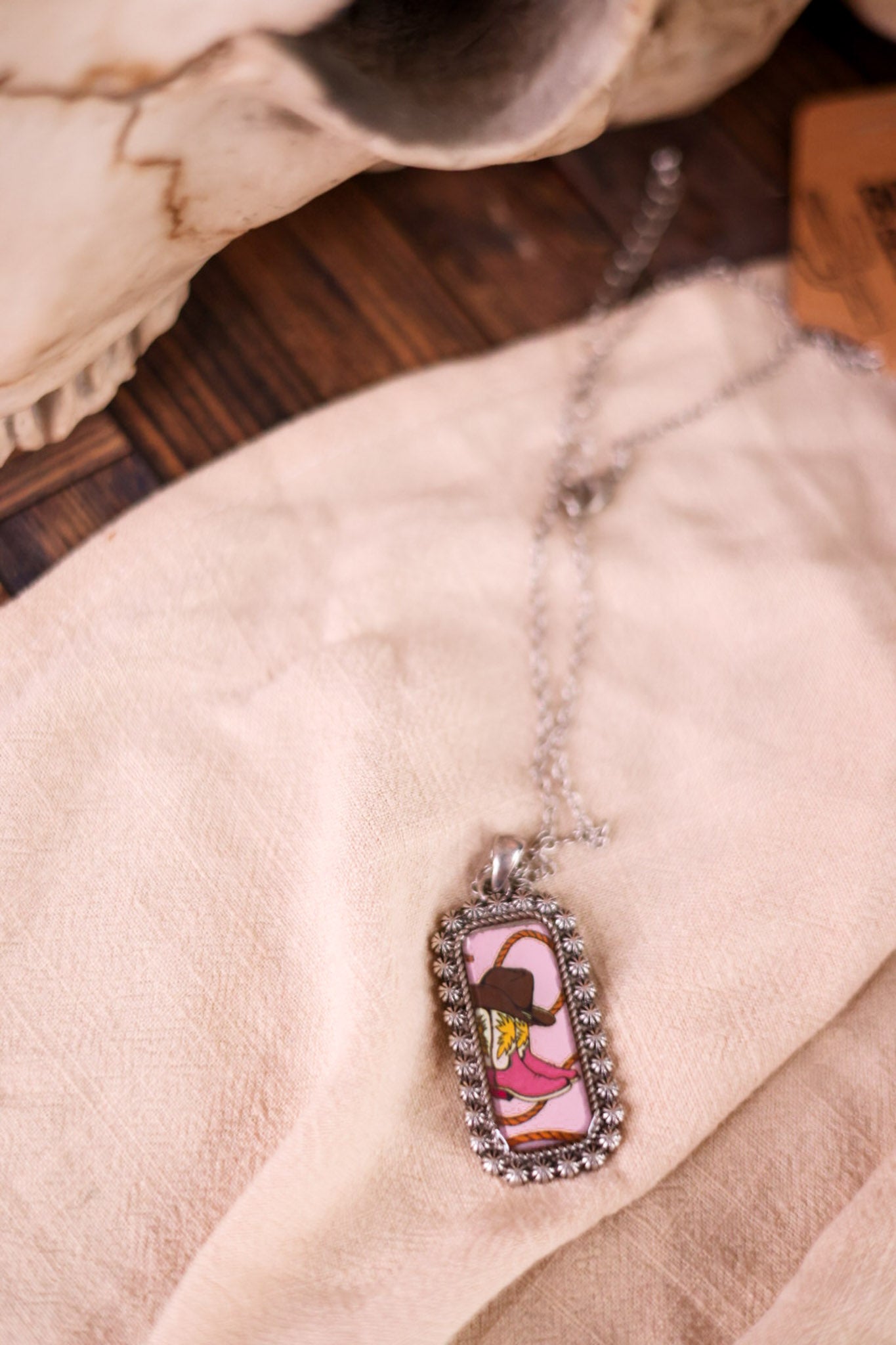 Pink Cowboy Boots Western Bubble Pendant Necklace