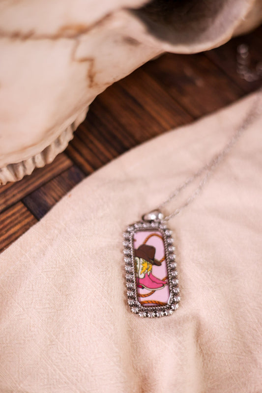 Pink Cowboy Boots Western Bubble Pendant Necklace