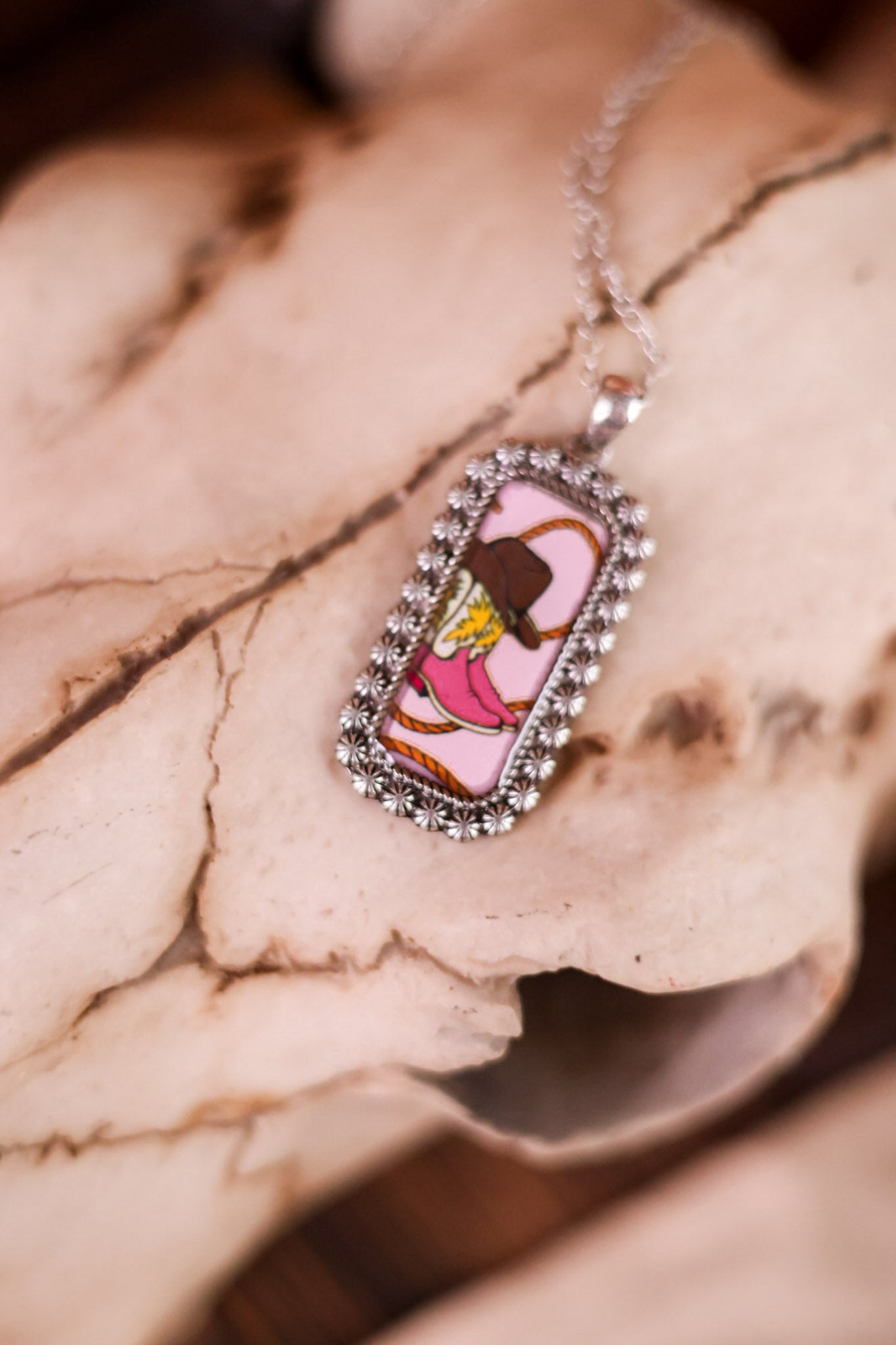 Pink Cowboy Boots Western Bubble Pendant Necklace
