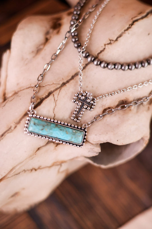 Multi Layered Cross Necklace with Stone Pendant