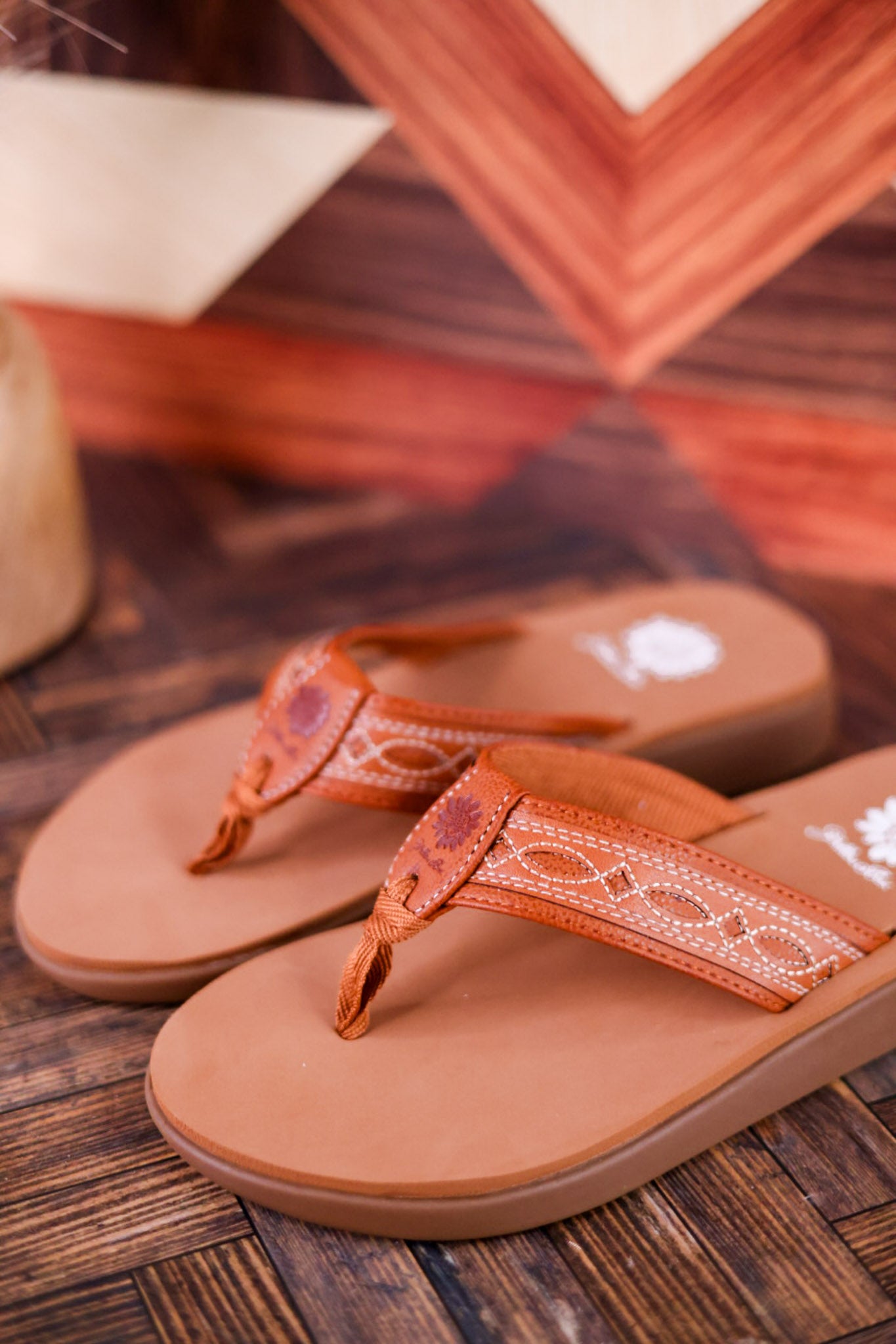 Tan Low Platform Sandals with Western Stitching