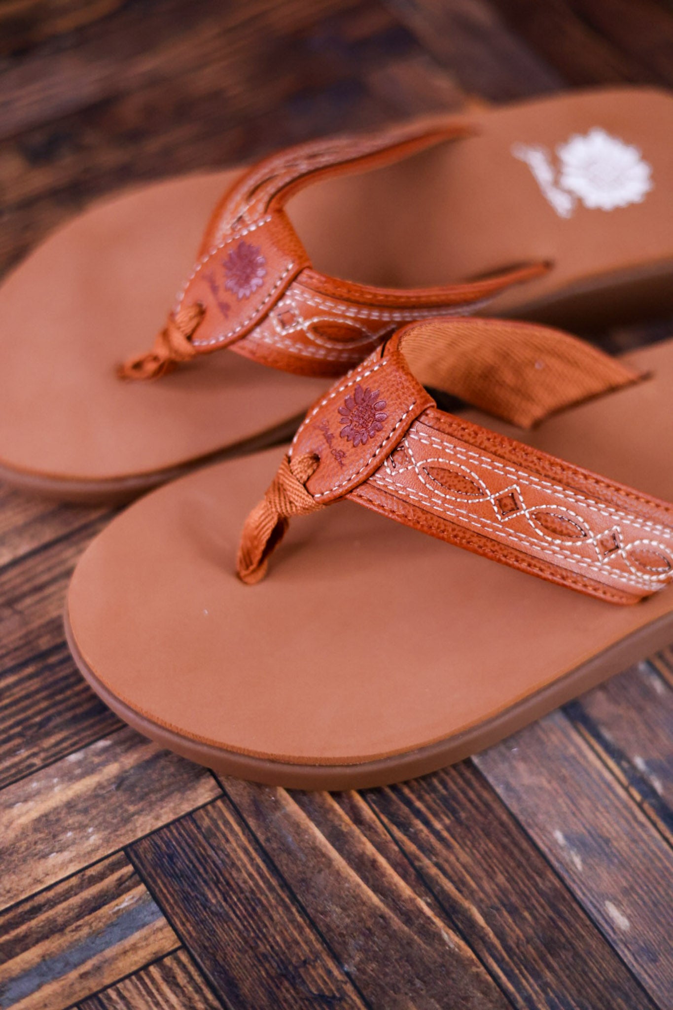 Tan Low Platform Sandals with Western Stitching