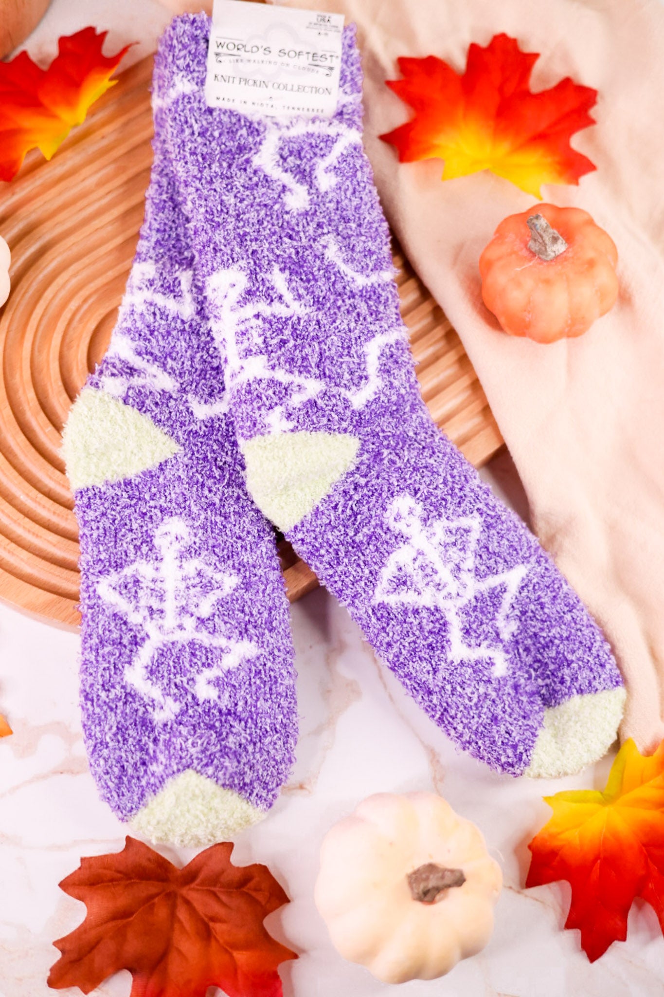 Purple Skeleton Print Fuzzy Crew Socks