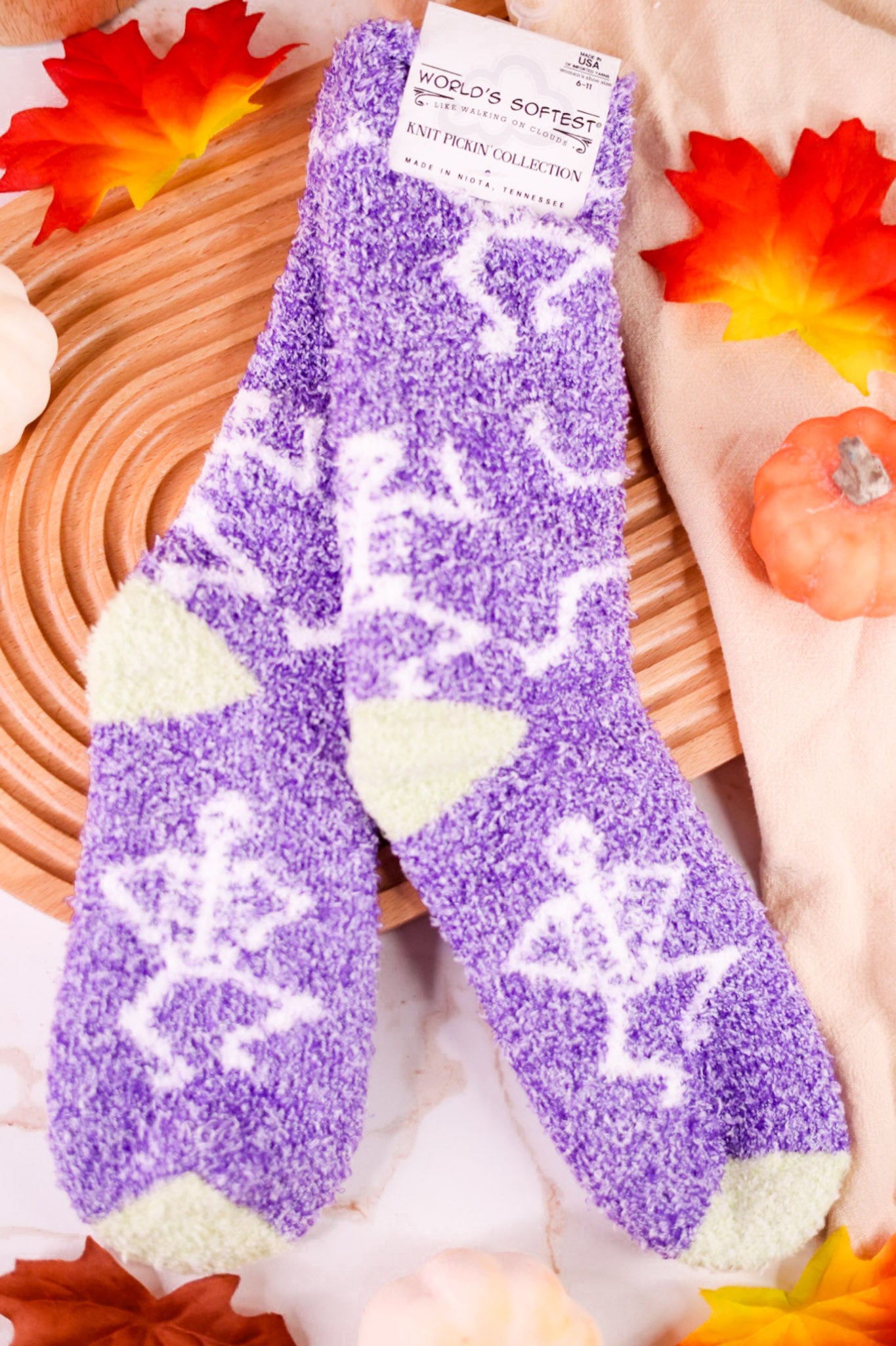 Purple Skeleton Print Fuzzy Crew Socks